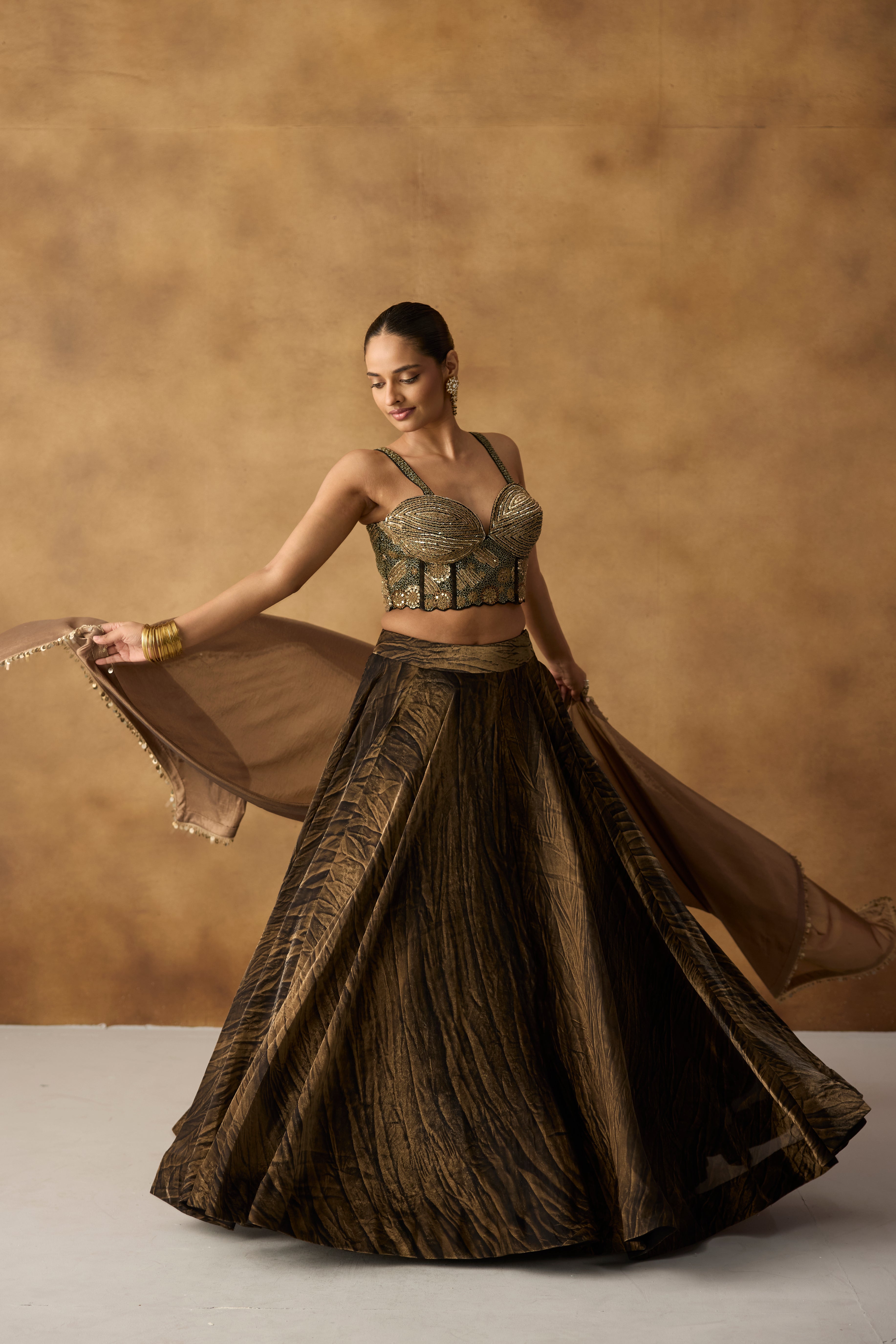 Copper Brown Embellished Satin Silk Lehenga Set