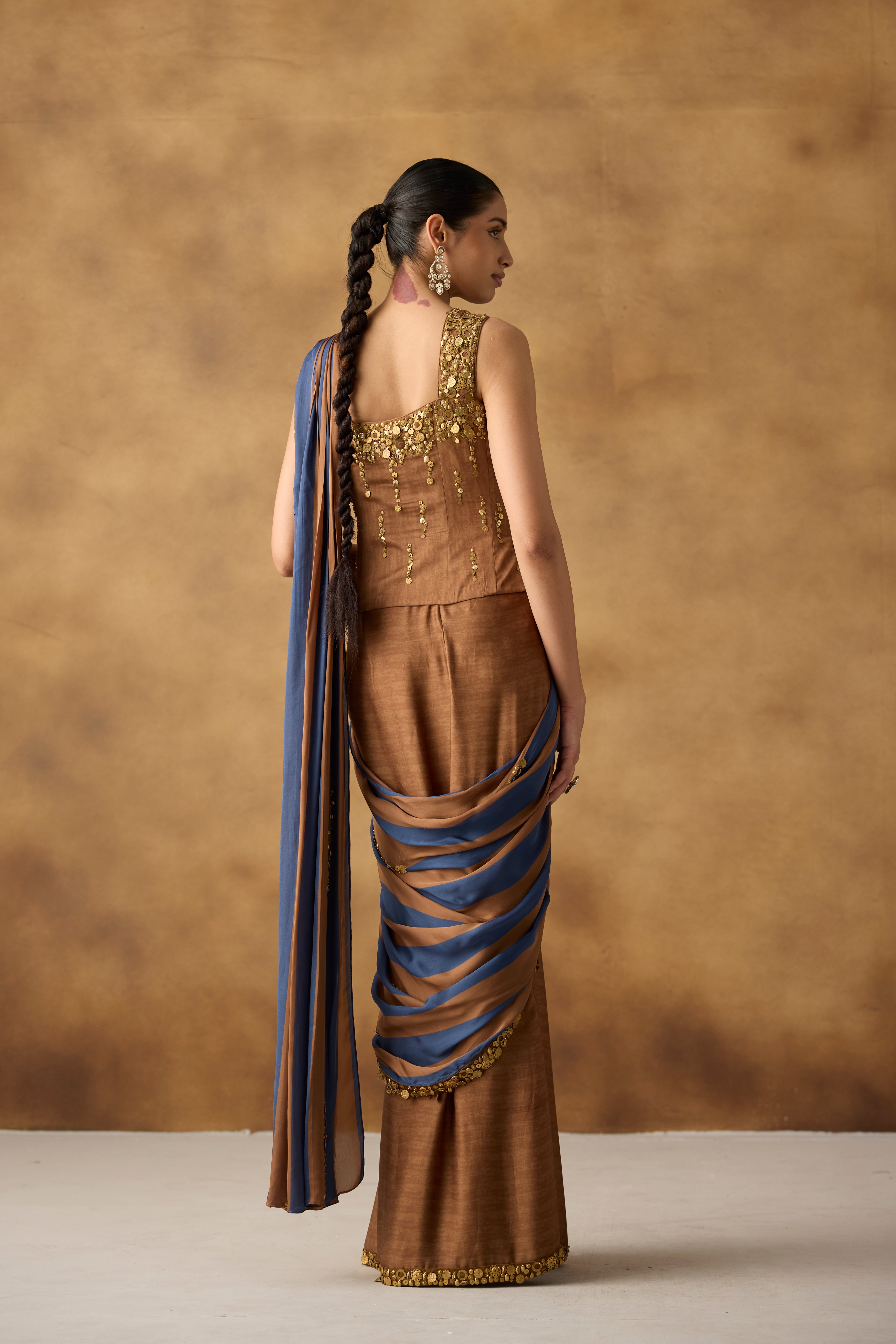 Coffee Brown Embellished Crepe Draped Skirt Saree