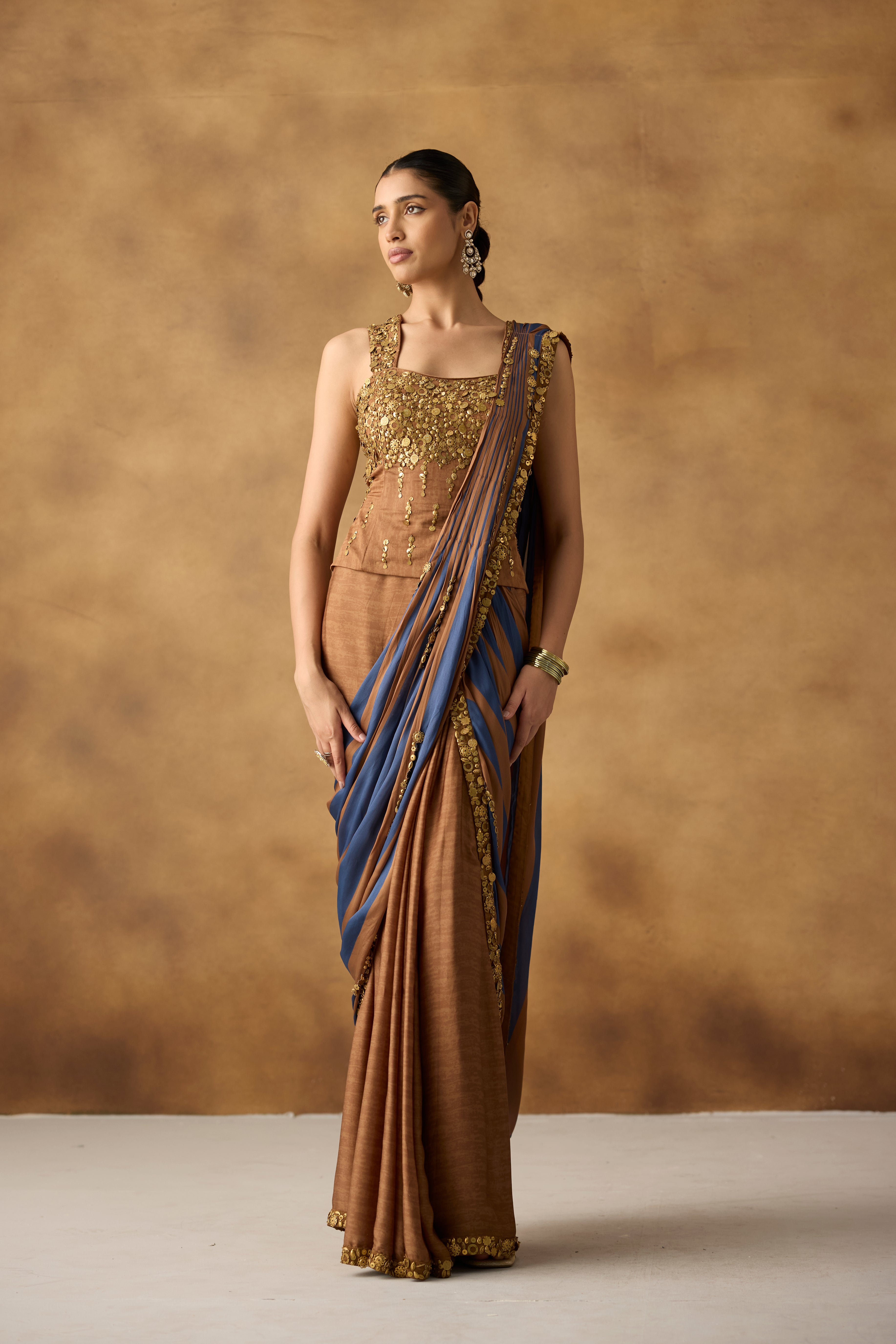 Coffee Brown Embellished Crepe Draped Skirt Saree