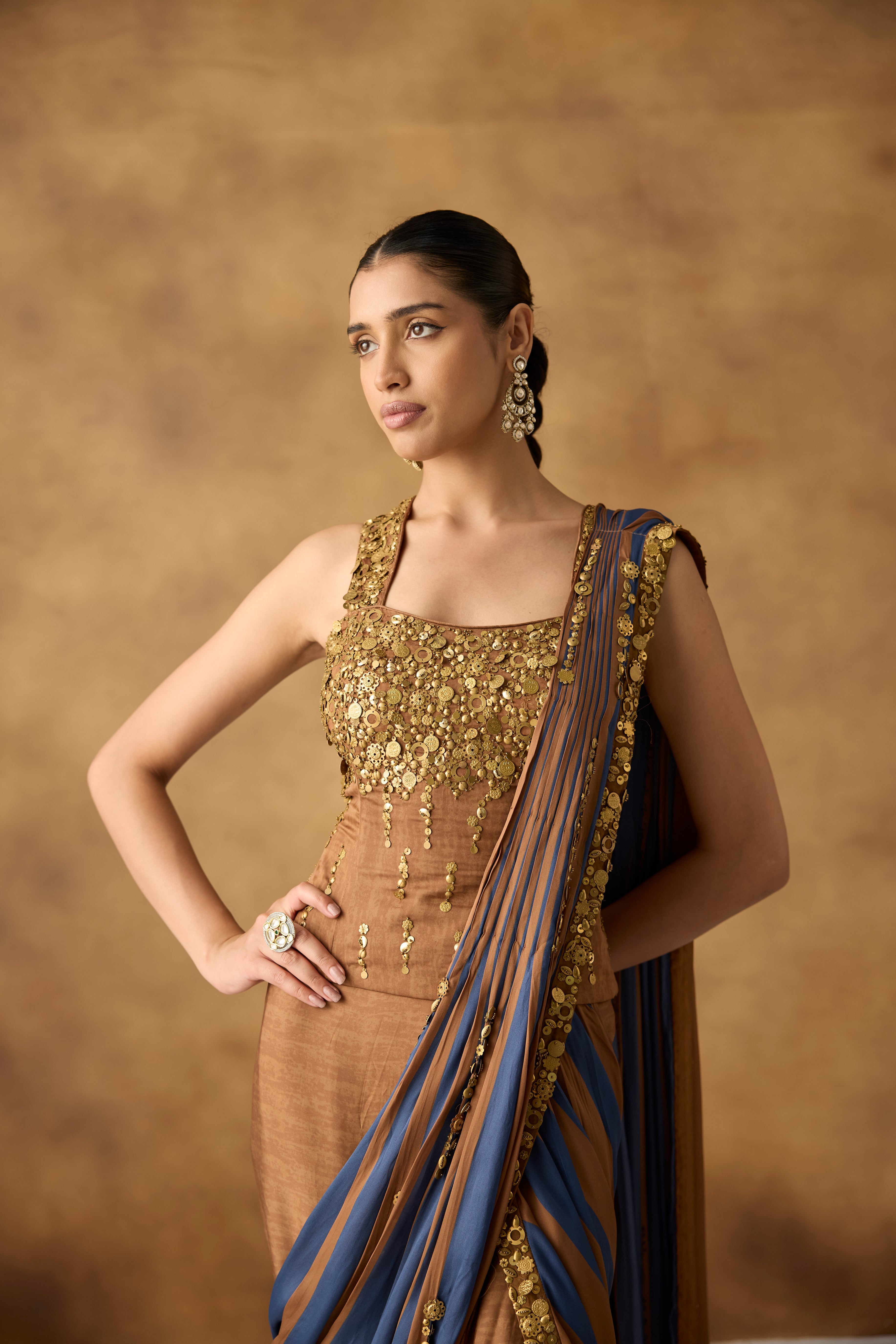 Coffee Brown Embellished Crepe Draped Skirt Saree