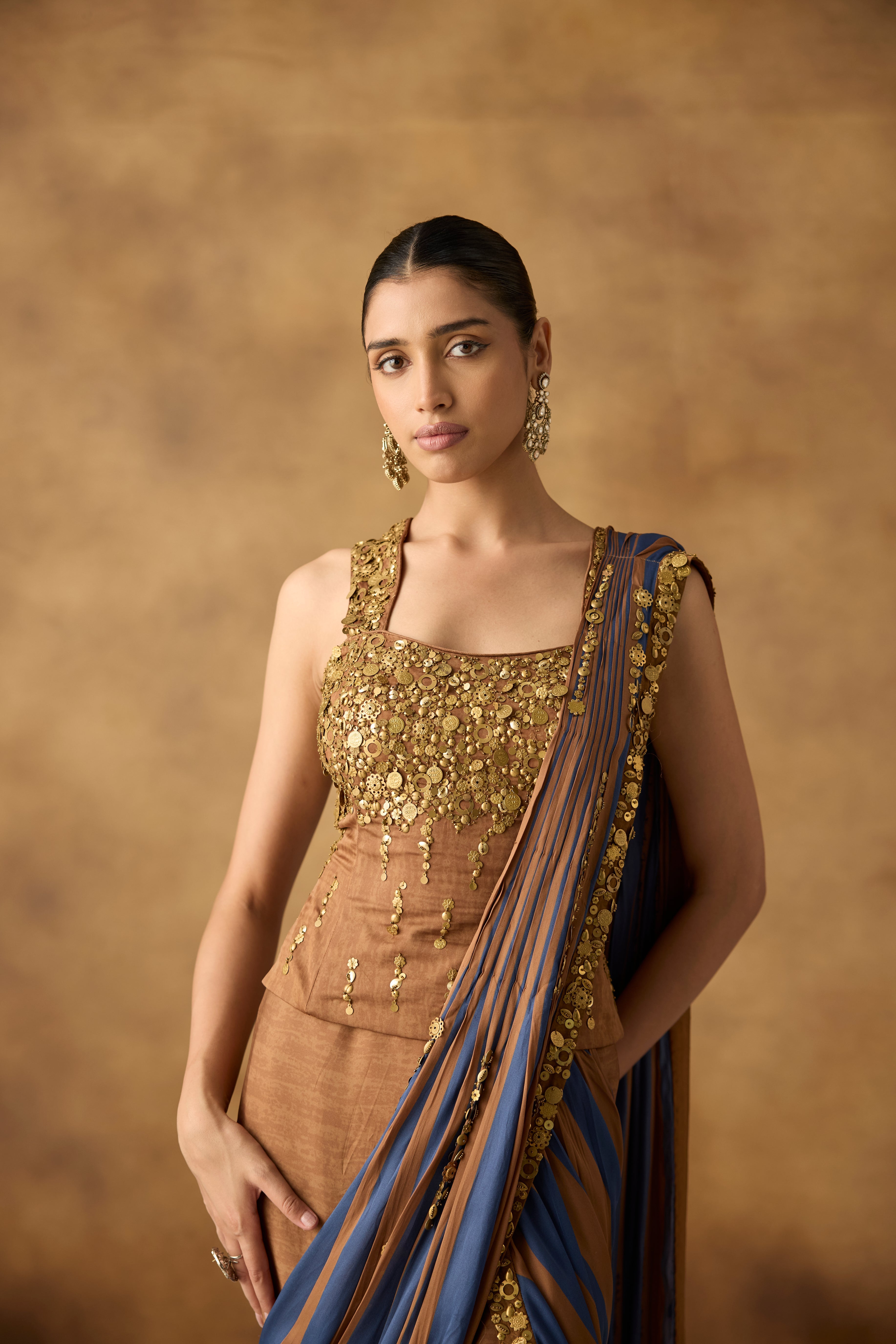 Coffee Brown Embellished Crepe Draped Skirt Saree