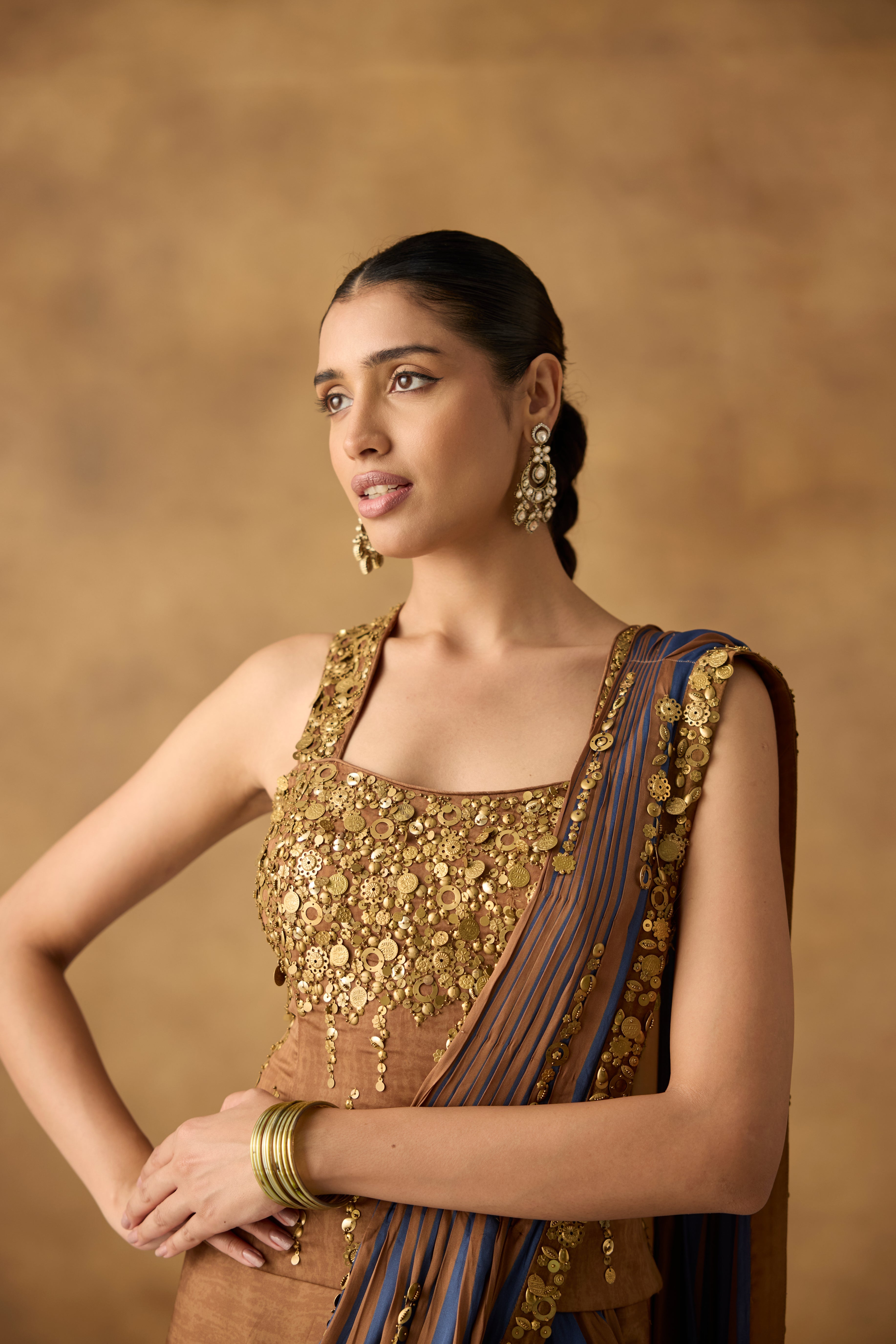 Coffee Brown Embellished Crepe Draped Skirt Saree
