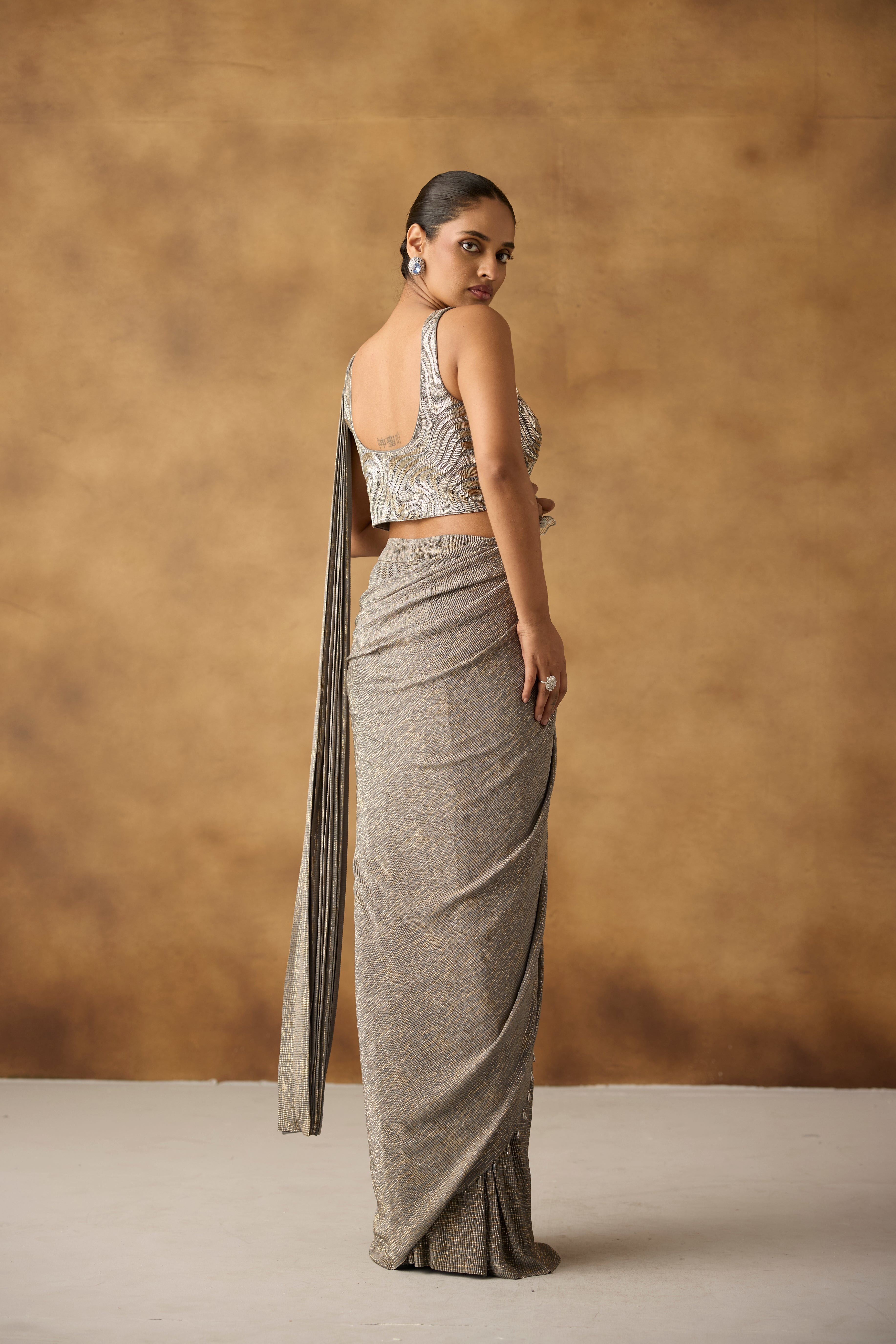 Sage Gilded Embellished Crepe Silk Draped Saree