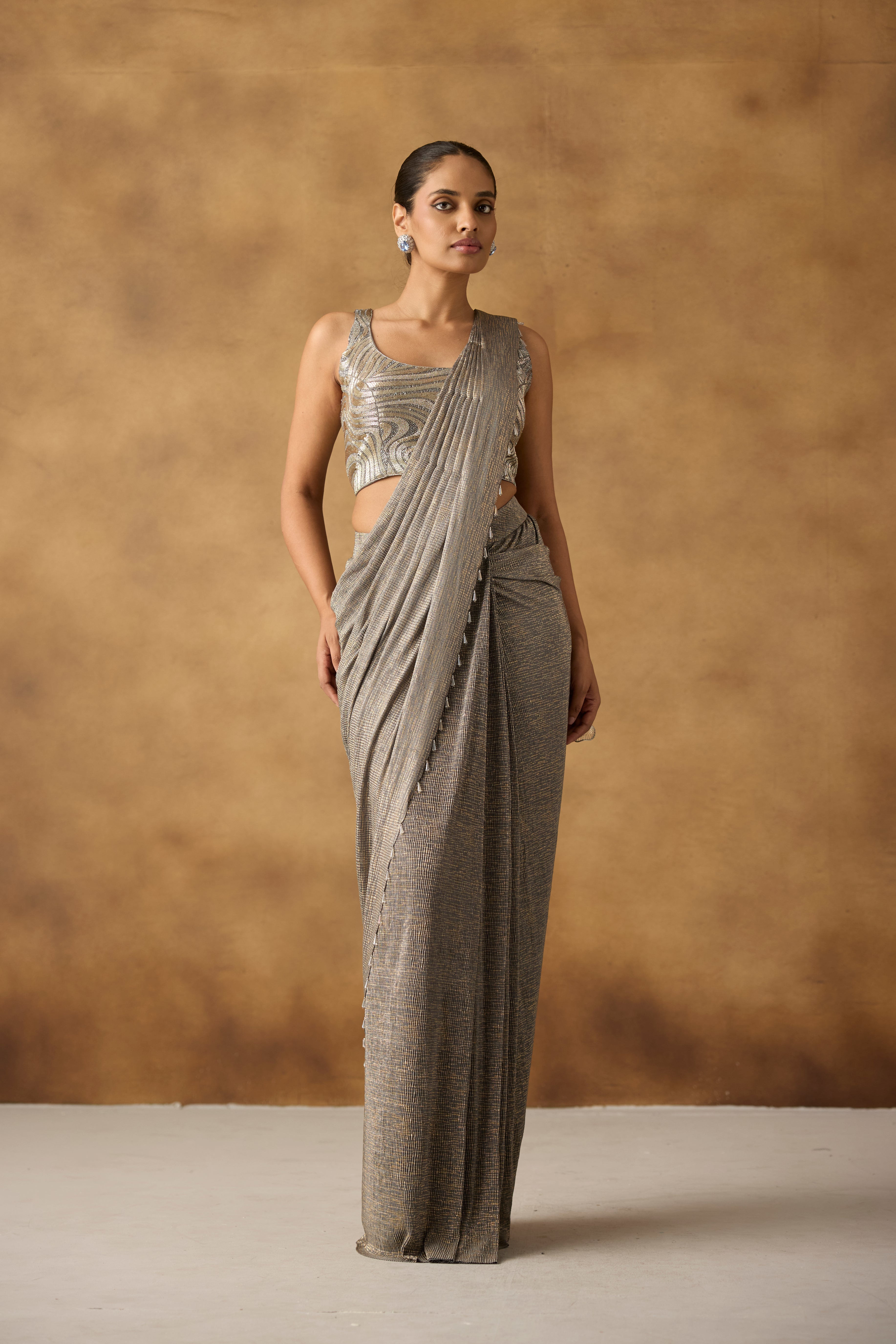 Sage Gilded Embellished Crepe Silk Draped Saree