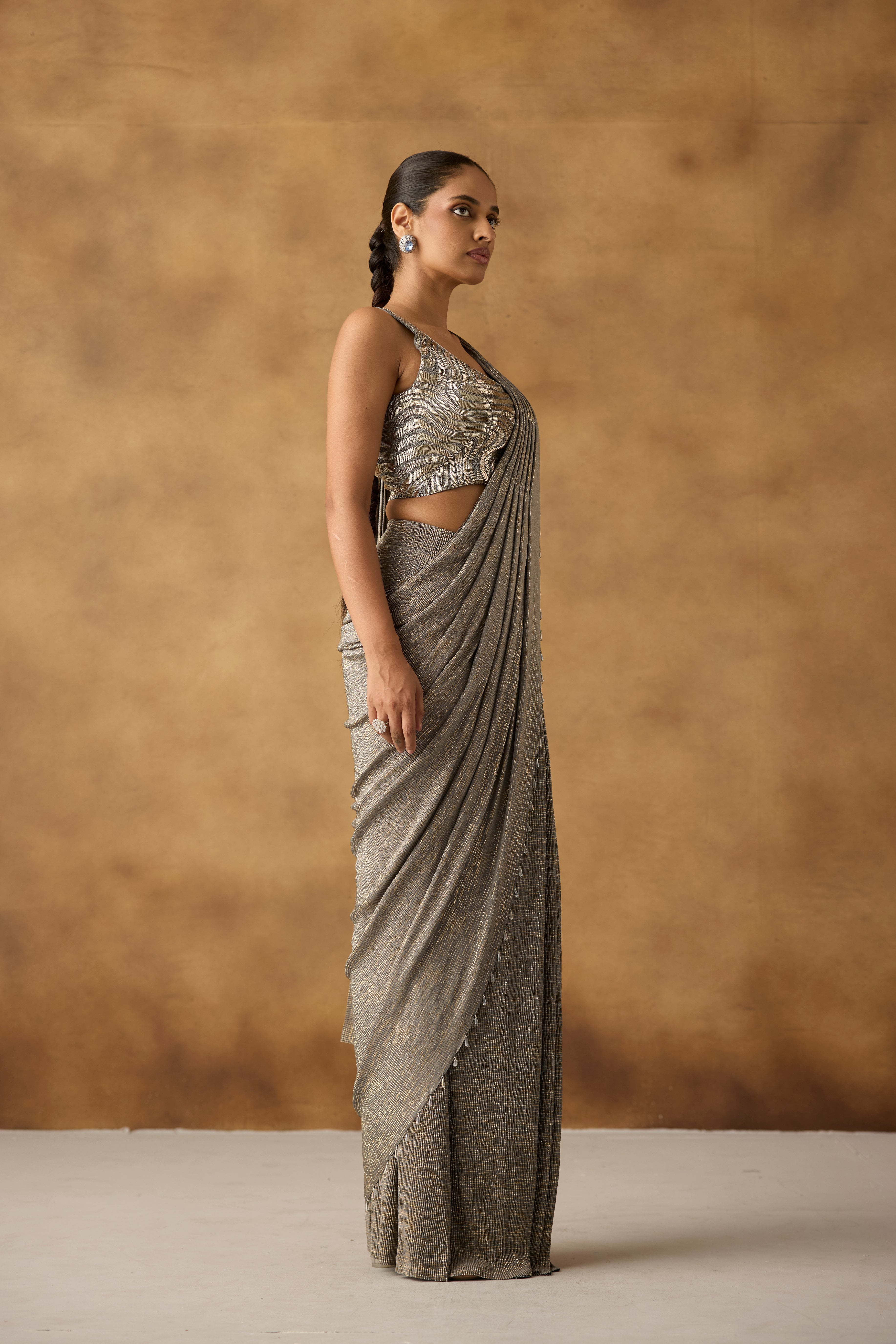 Sage Gilded Embellished Crepe Silk Draped Saree