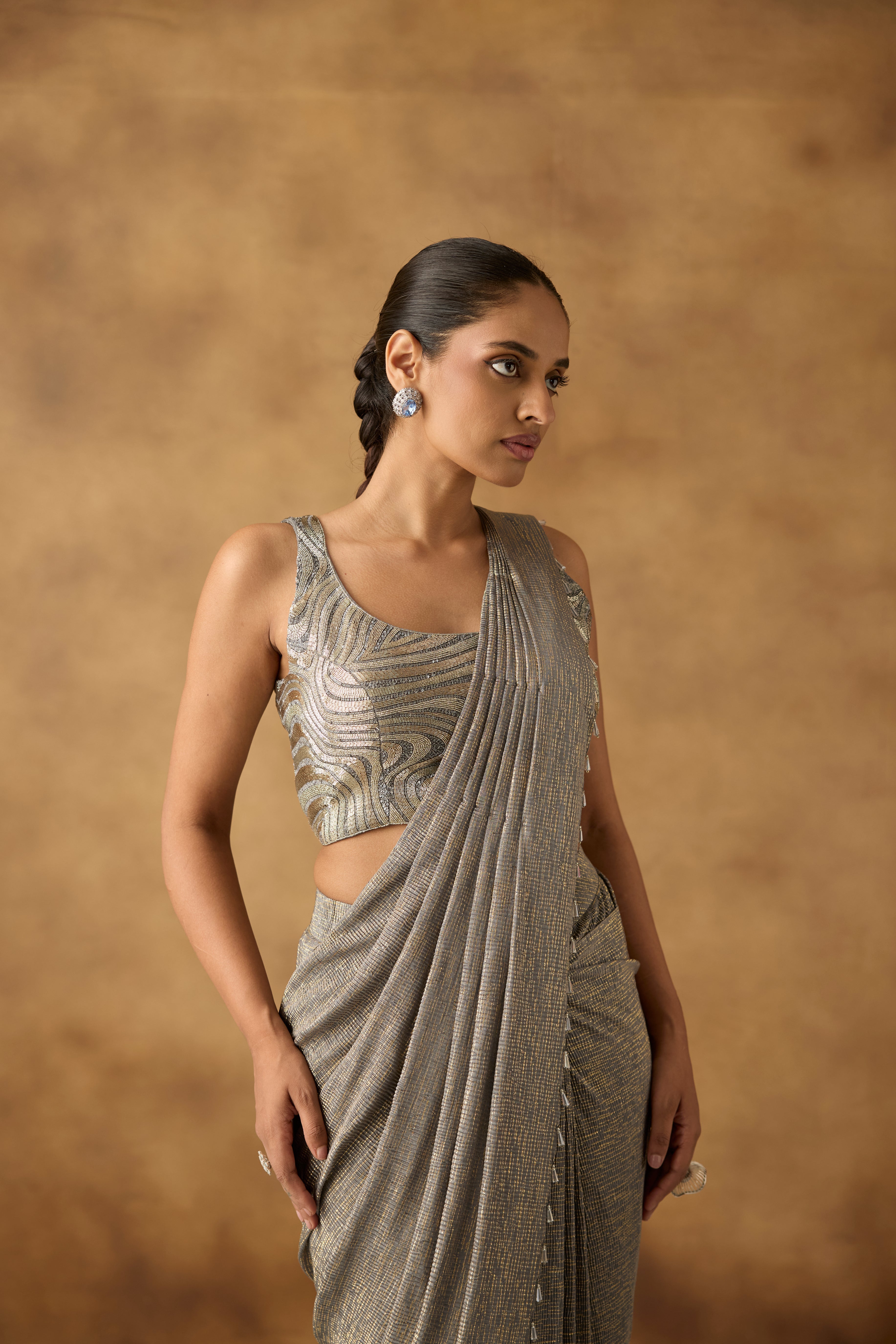 Sage Gilded Embellished Crepe Silk Draped Saree
