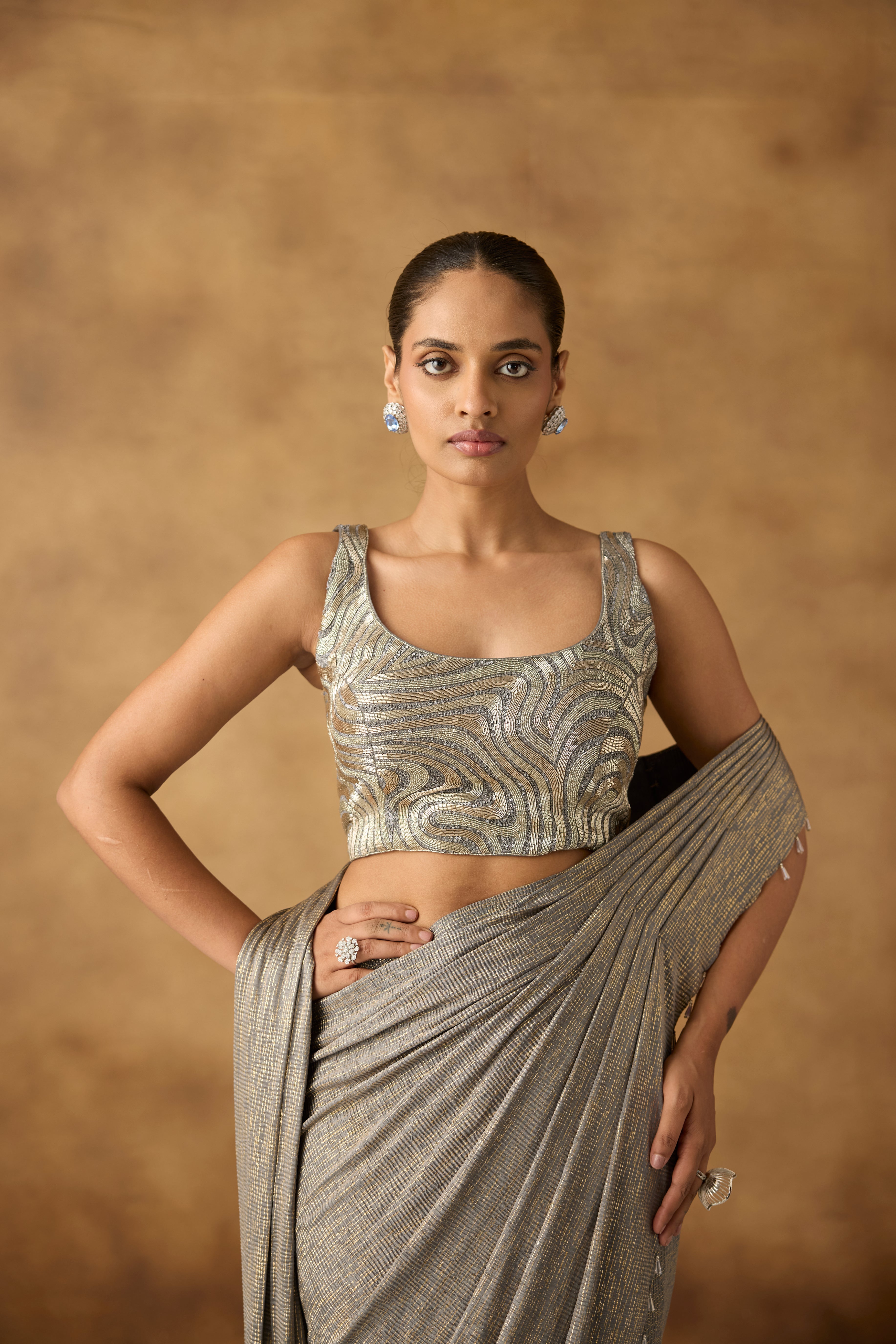 Sage Gilded Embellished Crepe Silk Draped Saree