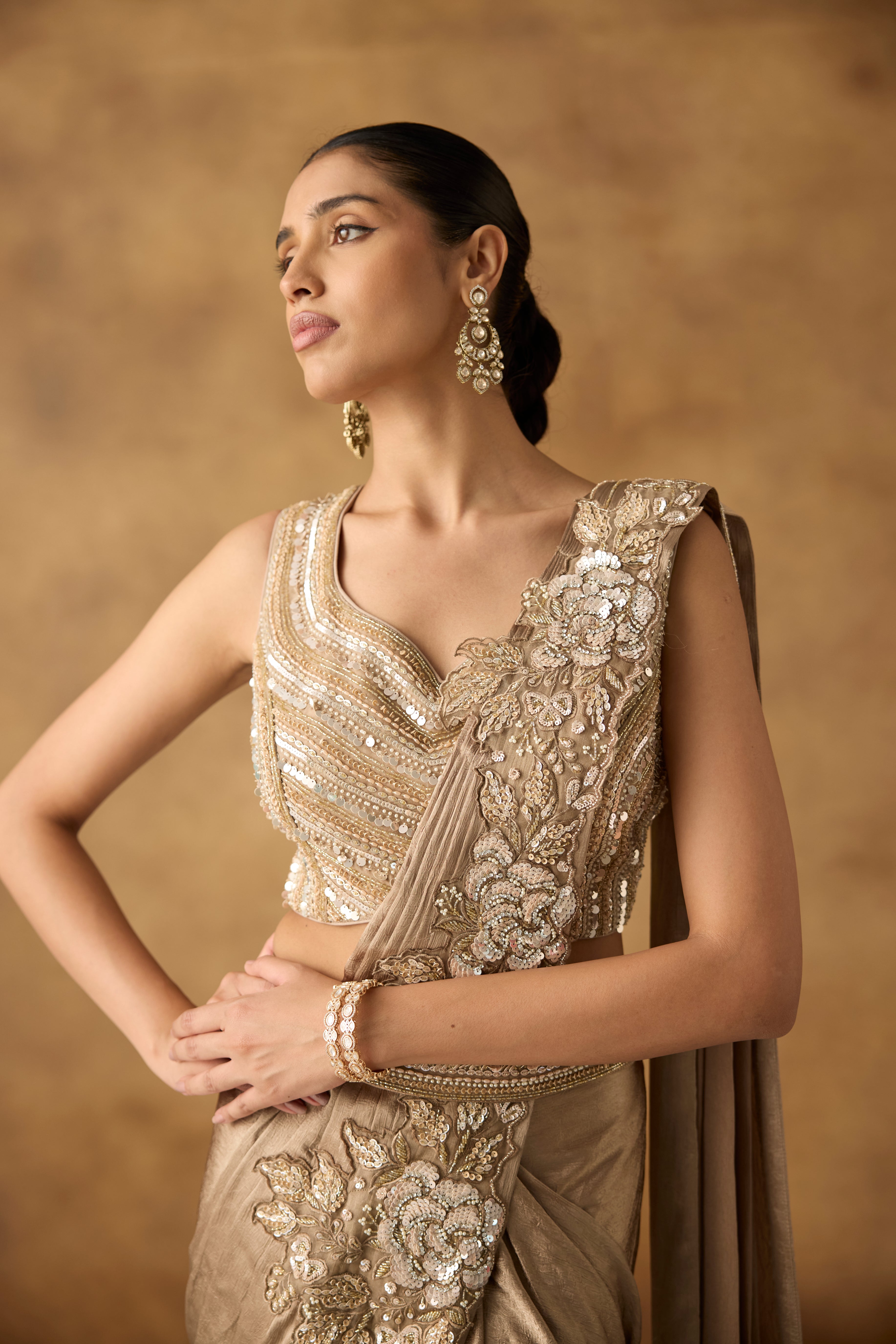Metallic Gold Embellished Crepe Silk Draped Saree