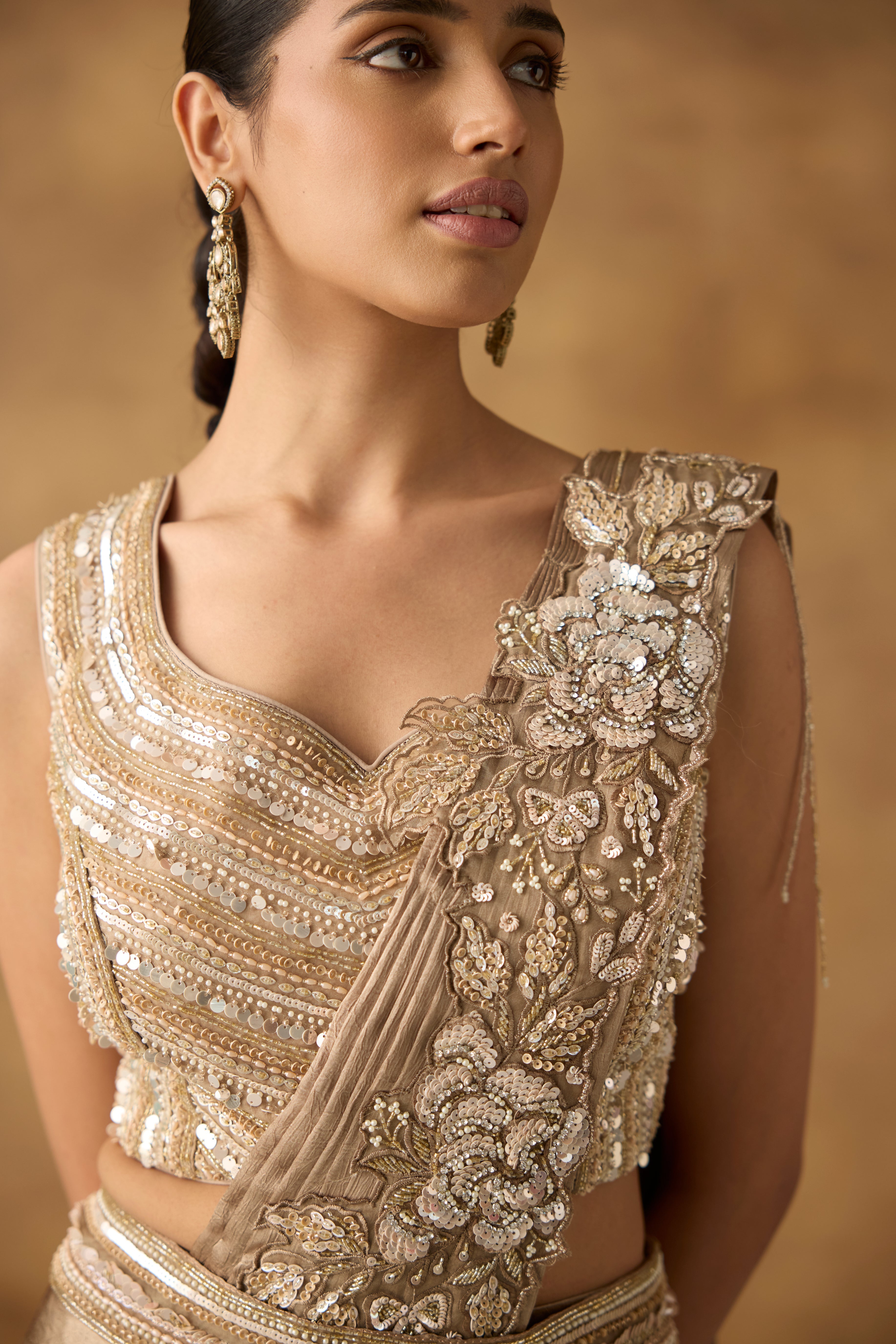 Metallic Gold Embellished Crepe Silk Draped Saree