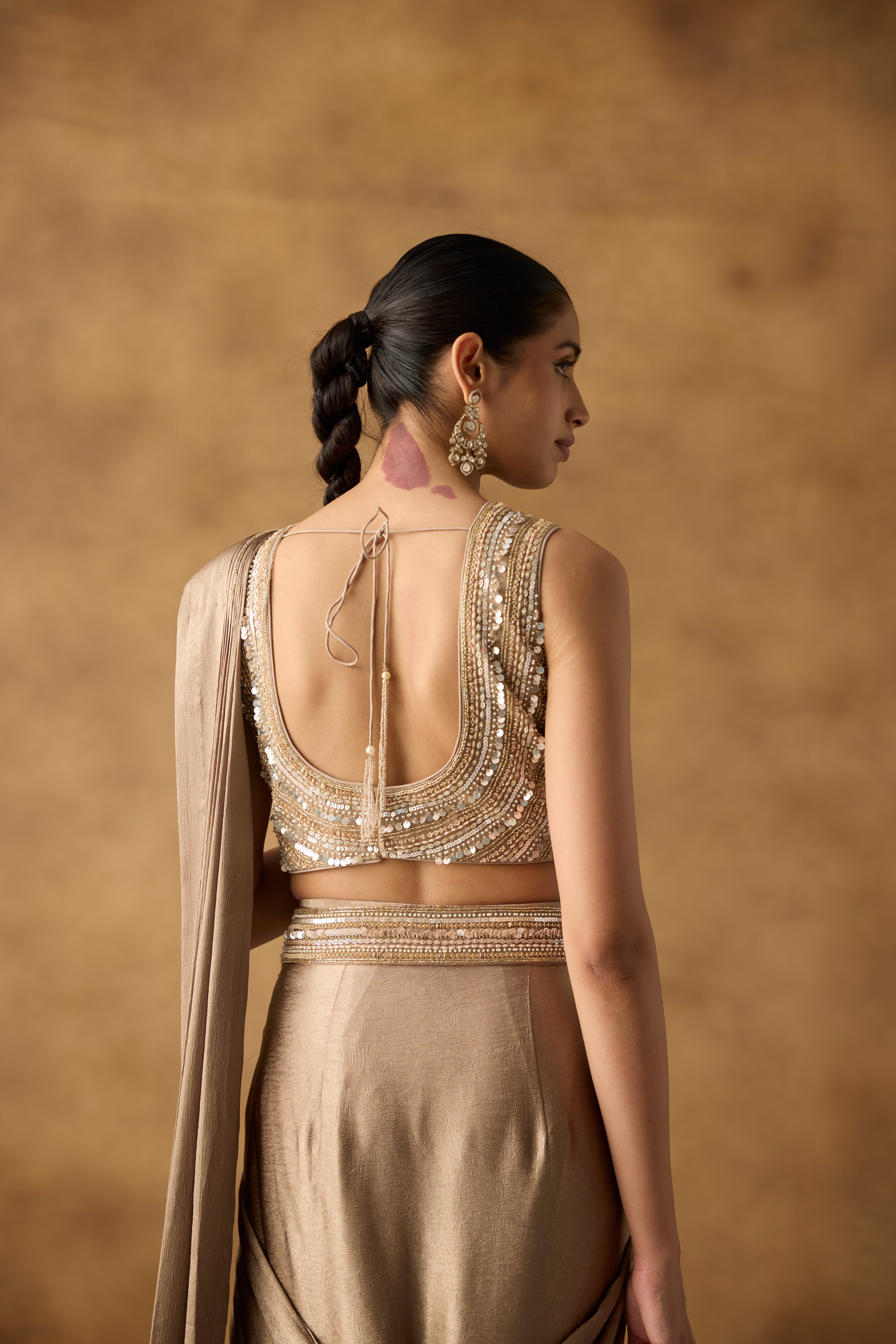 Metallic Gold Embellished Crepe Silk Draped Saree