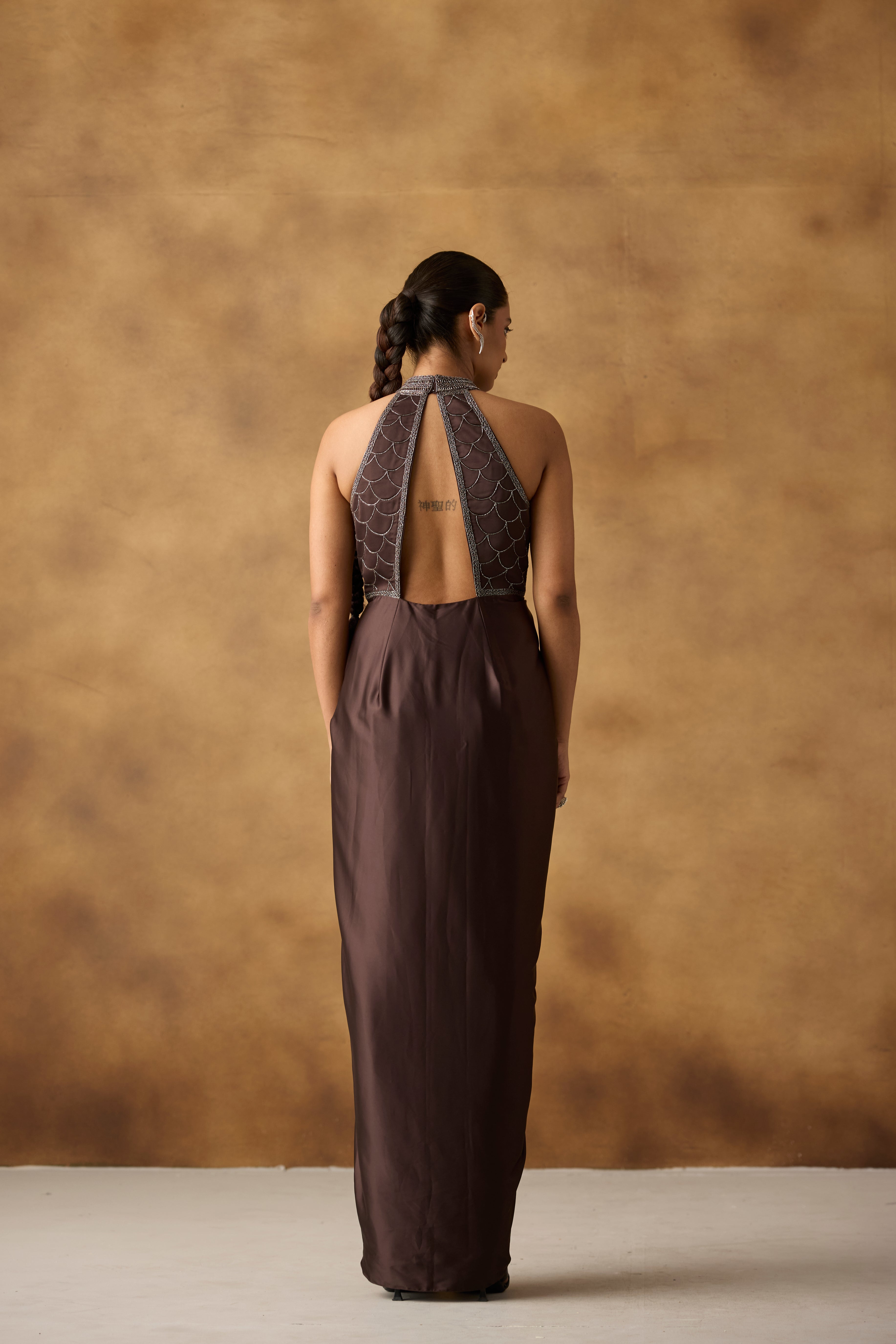 Chocolate Brown Embellished Satin Silk Dress