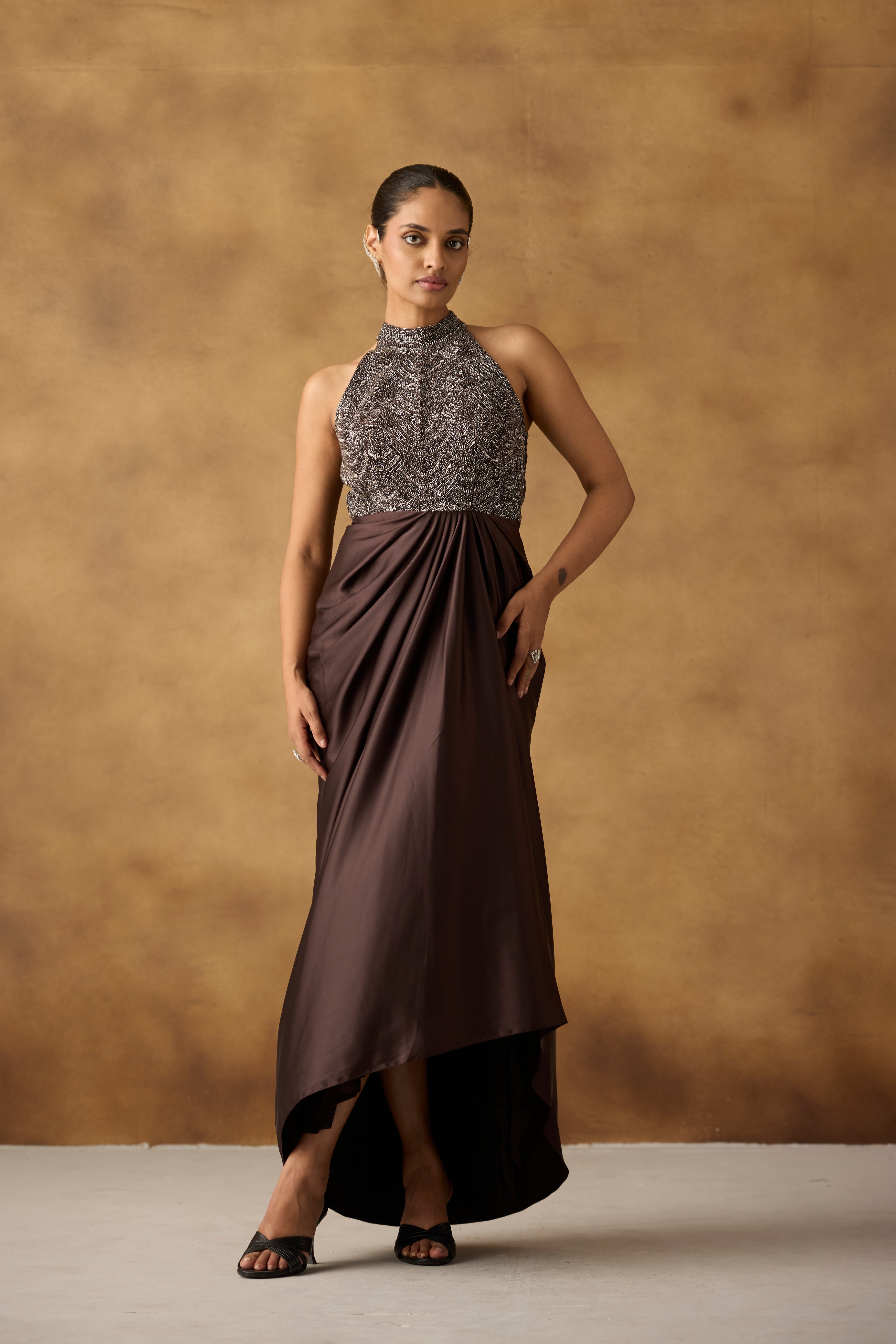 Chocolate Brown Embellished Satin Silk Dress