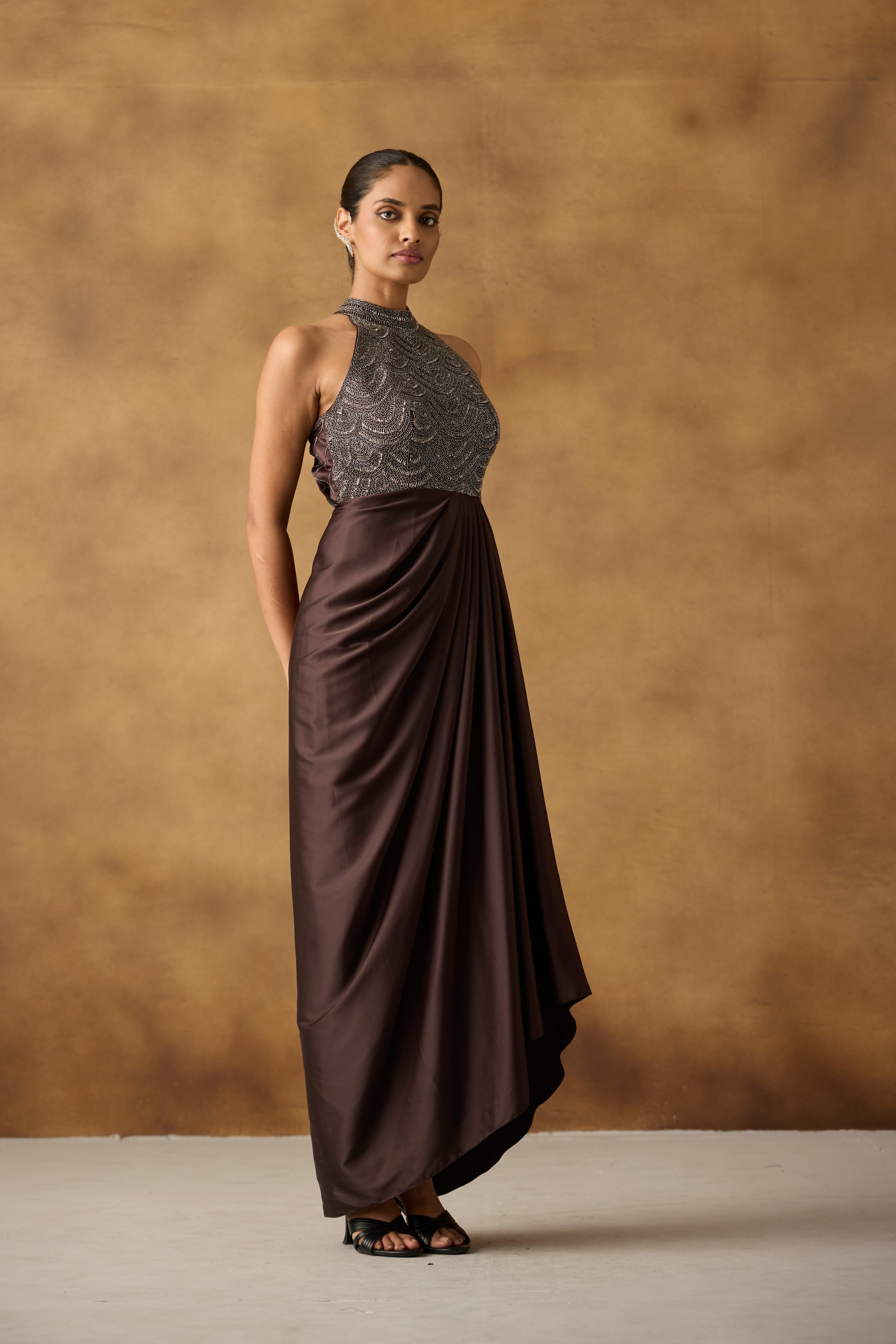 Chocolate Brown Embellished Satin Silk Dress