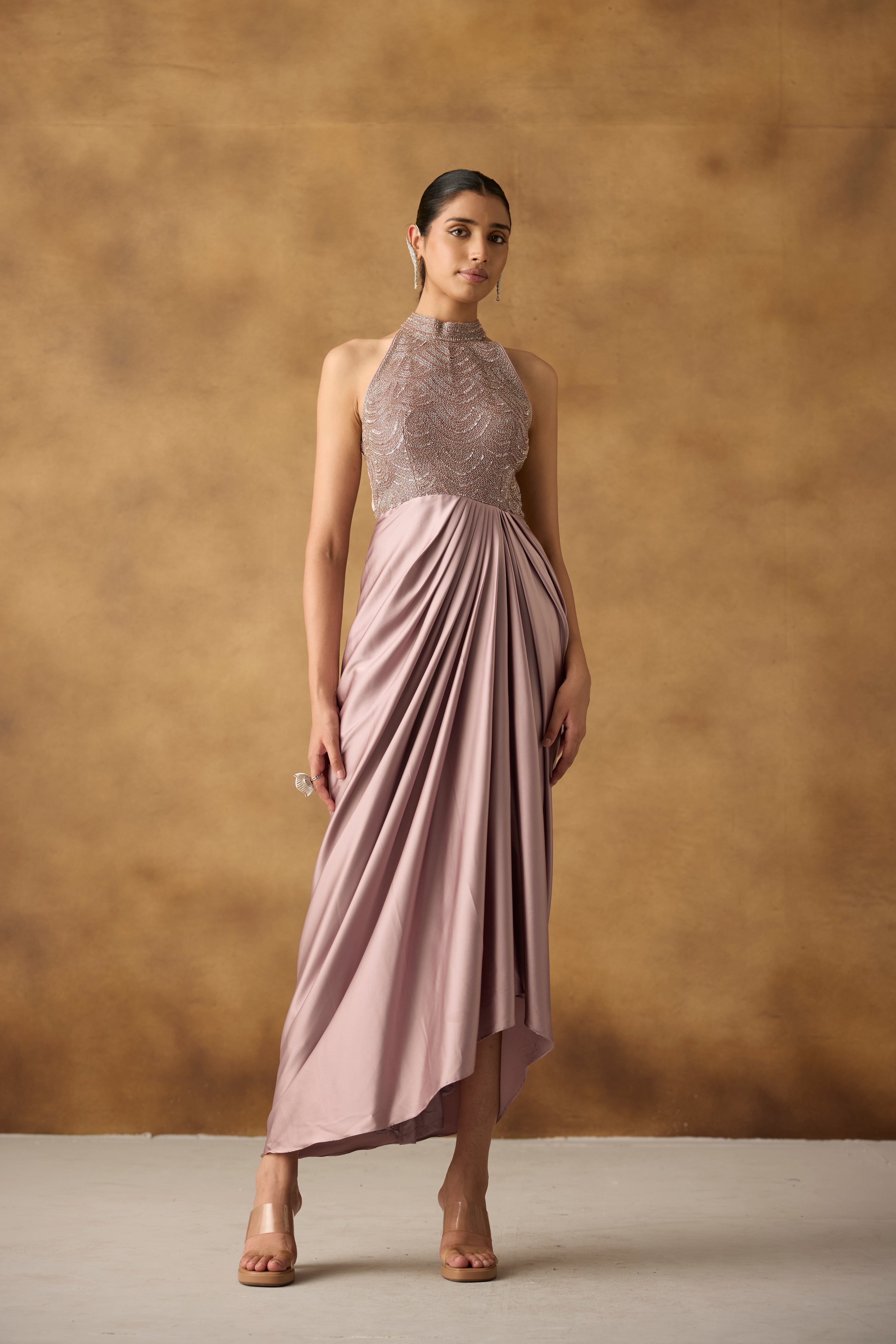 Lilac Embellished Satin Silk Dress