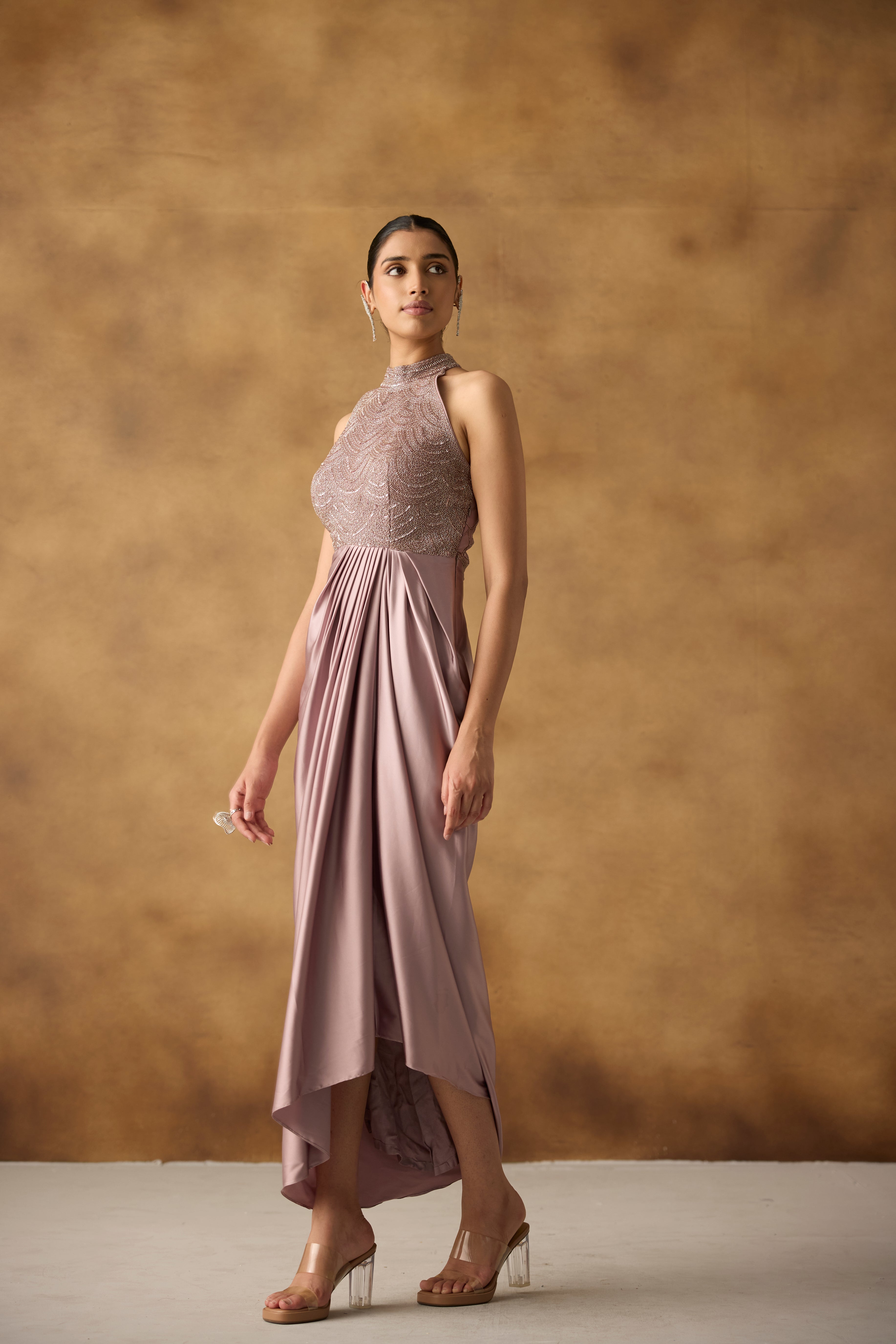 Lilac Embellished Satin Silk Dress