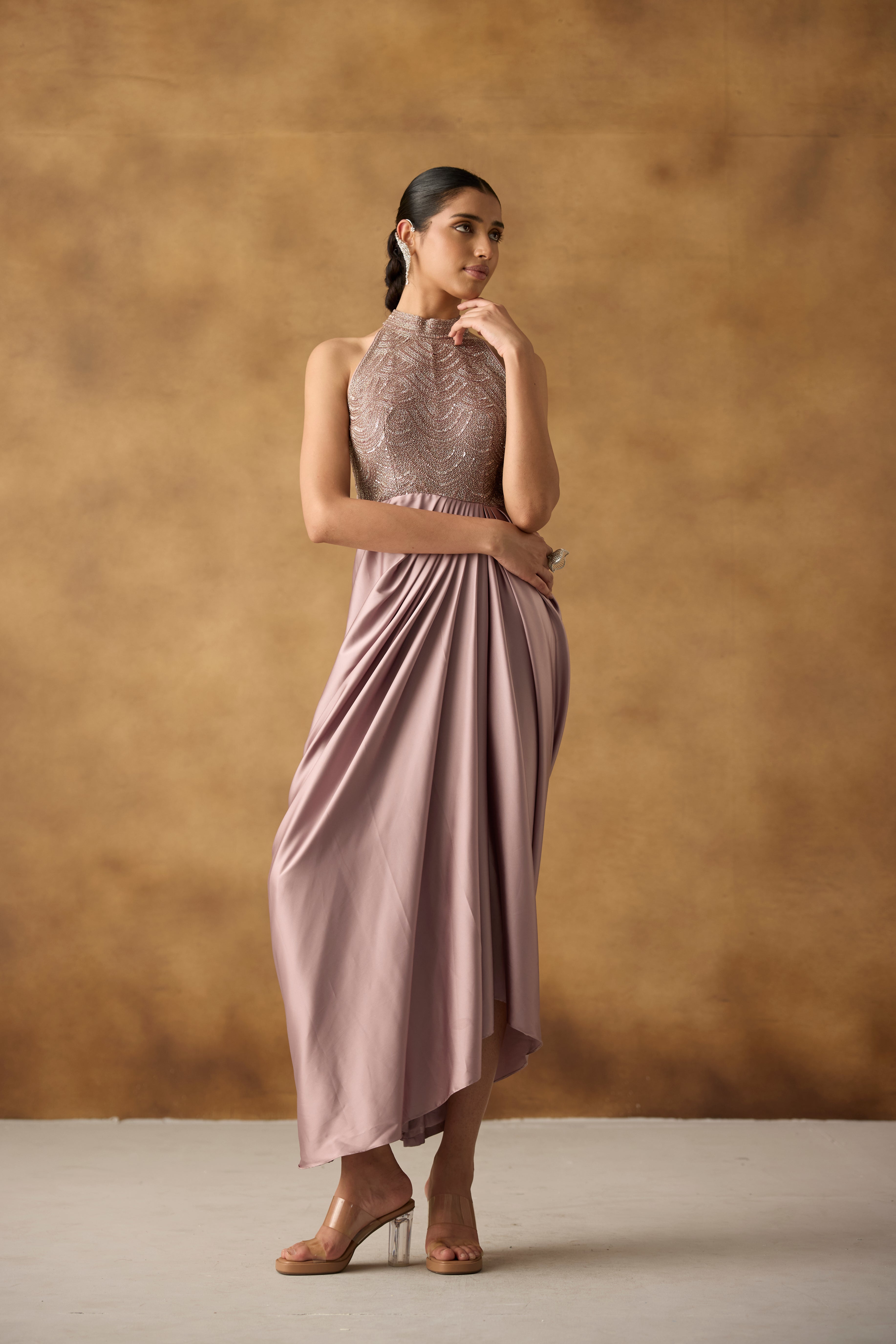 Lilac Embellished Satin Silk Dress