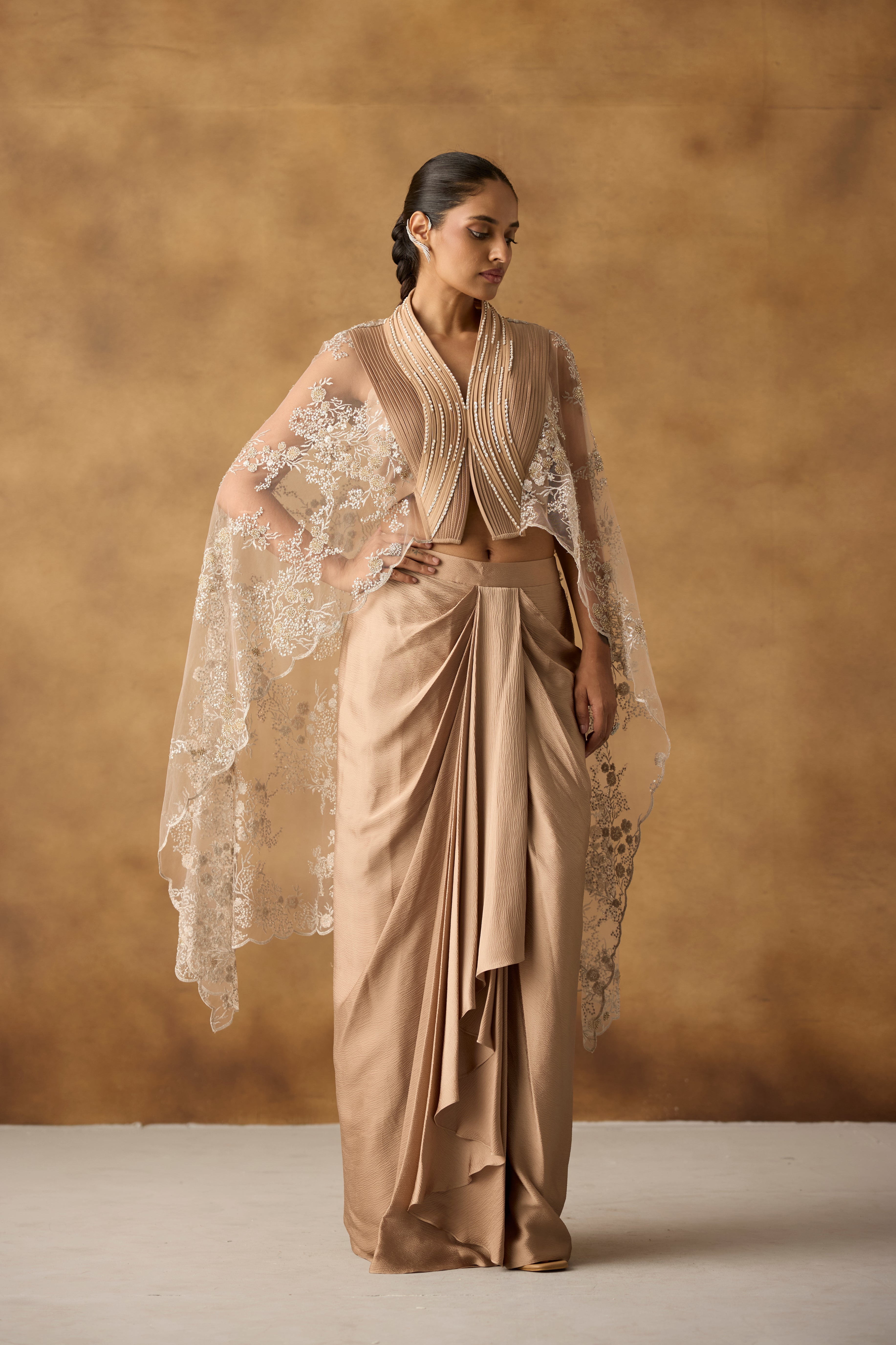 Isla Beige Embellished Chanderi Silk Skirt Set