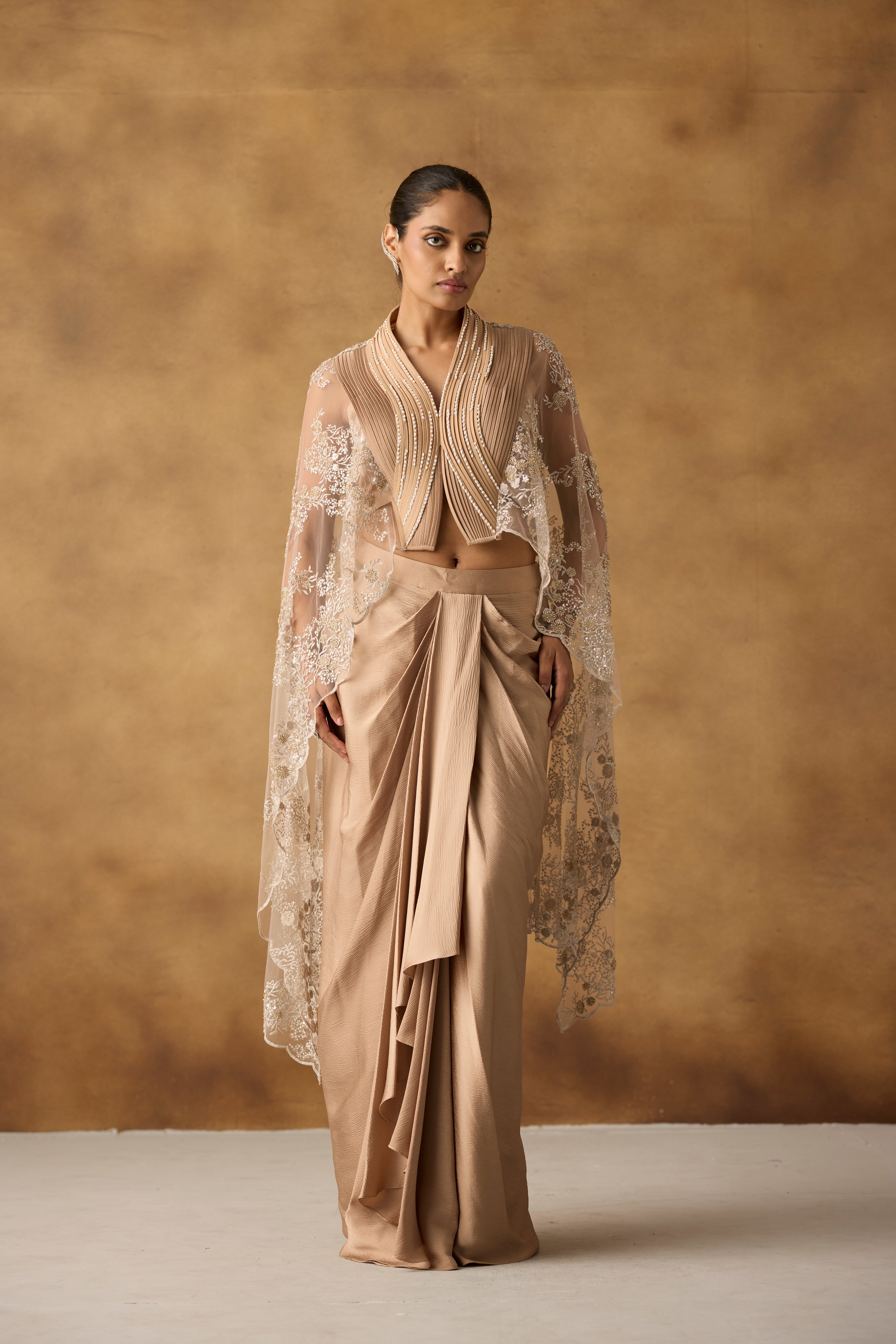 Isla Beige Embellished Chanderi Silk Skirt Set
