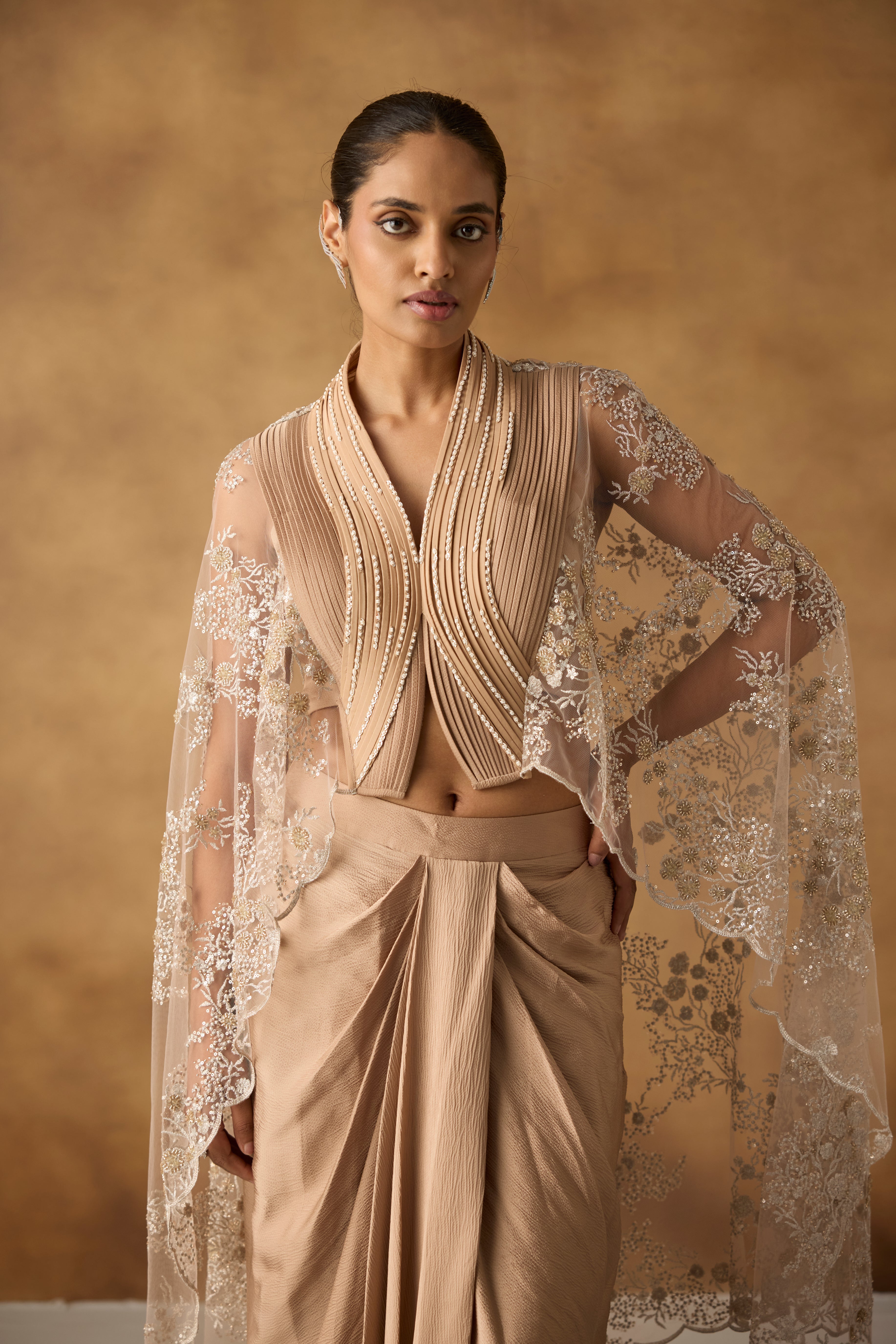 Isla Beige Embellished Chanderi Silk Skirt Set