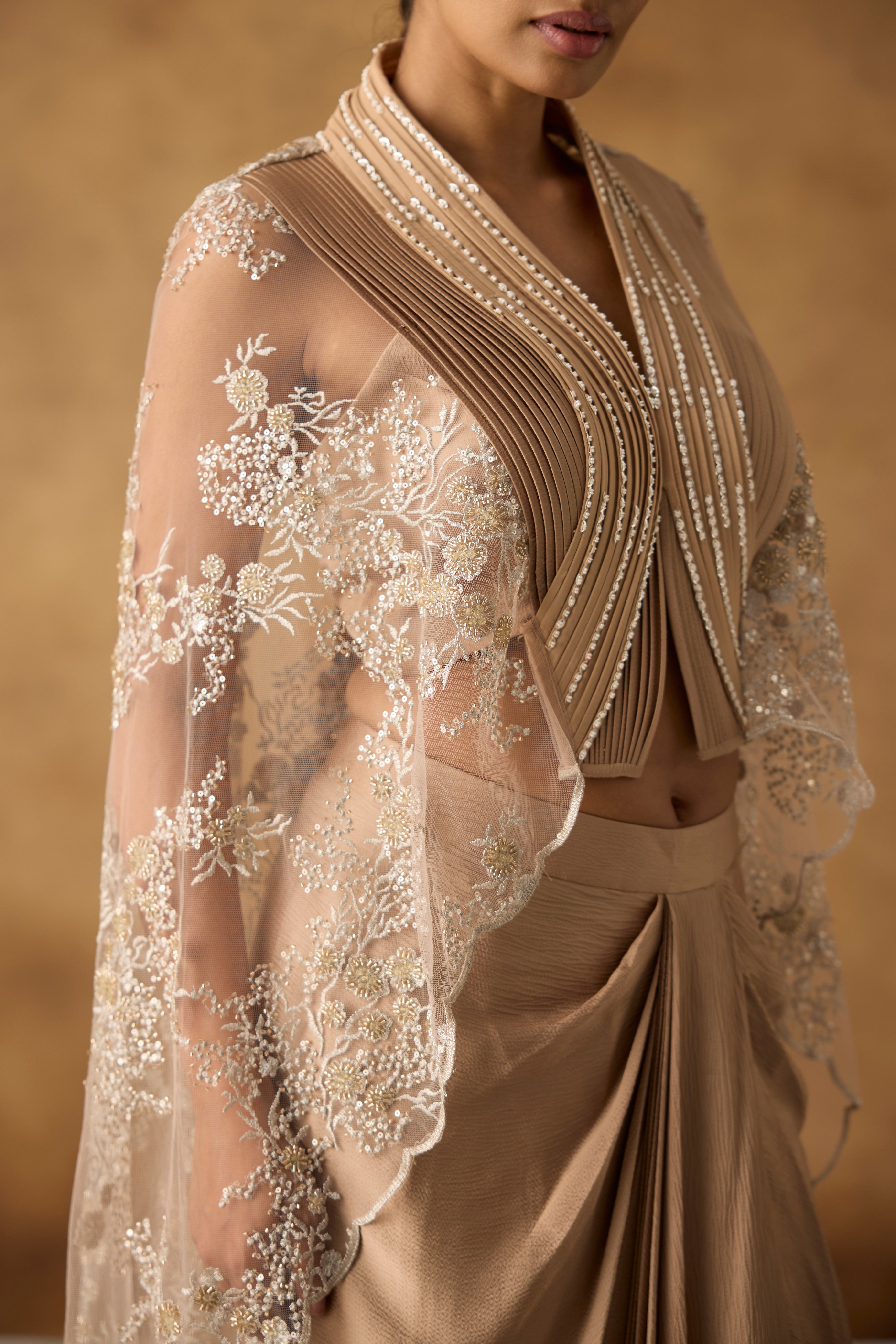 Isla Beige Embellished Chanderi Silk Skirt Set