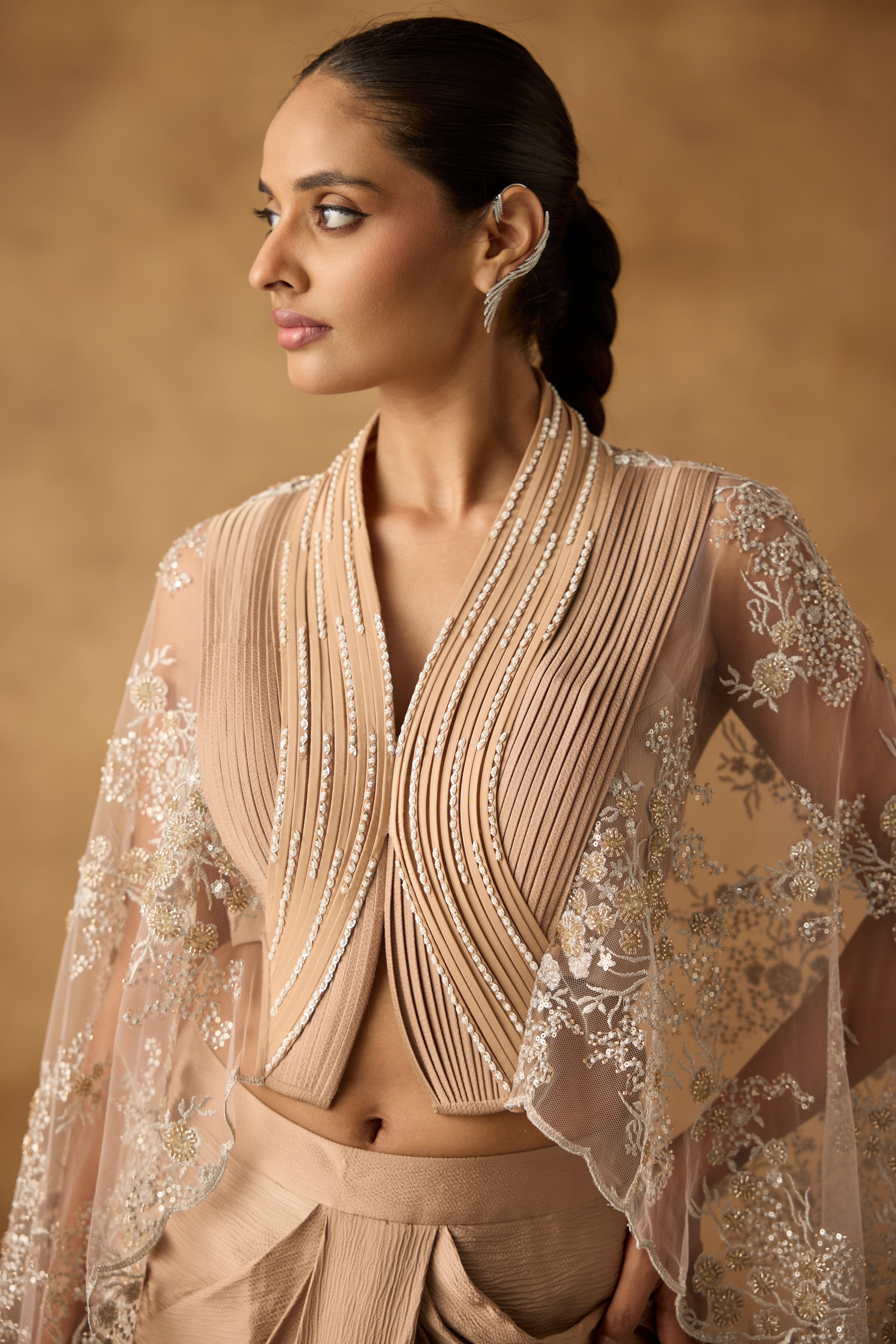 Isla Beige Embellished Chanderi Silk Skirt Set