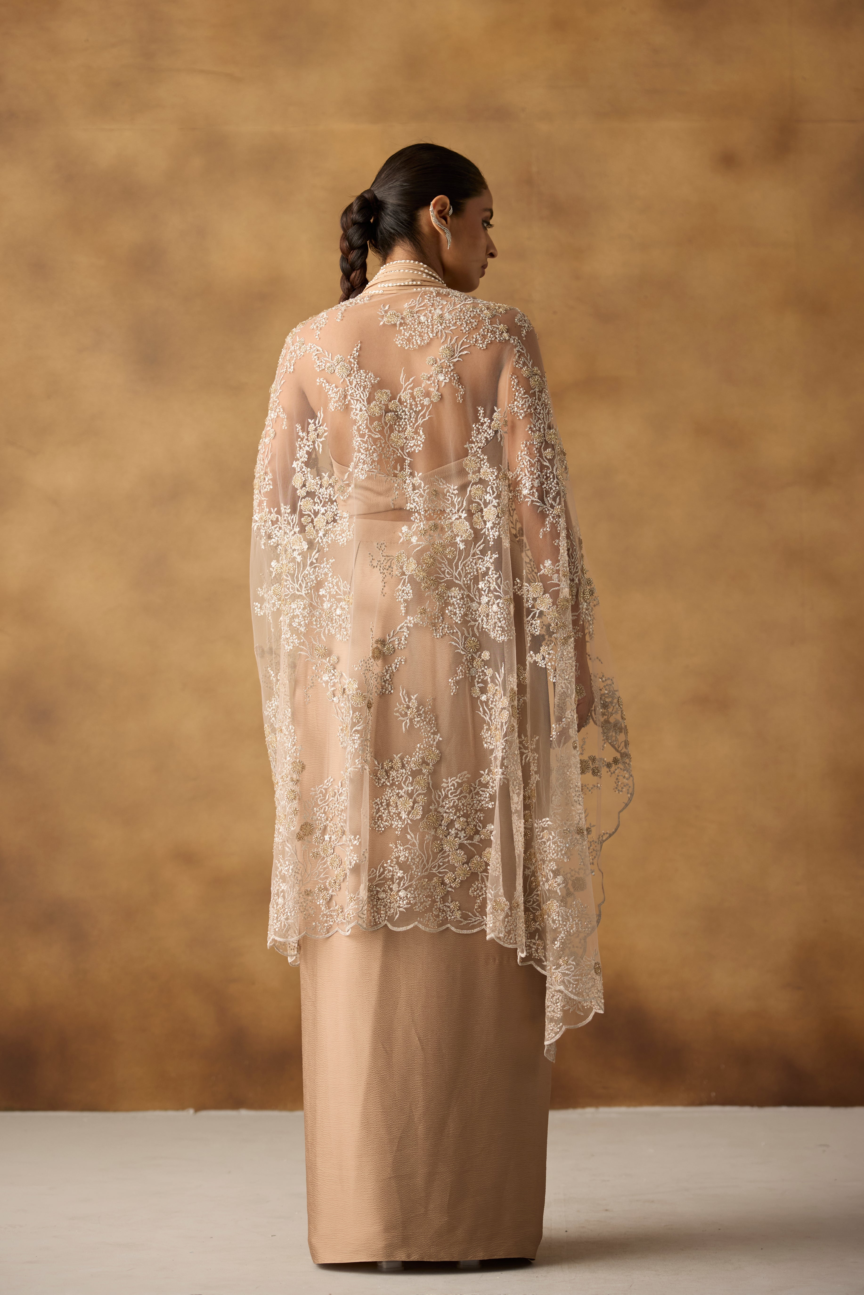 Isla Beige Embellished Chanderi Silk Skirt Set