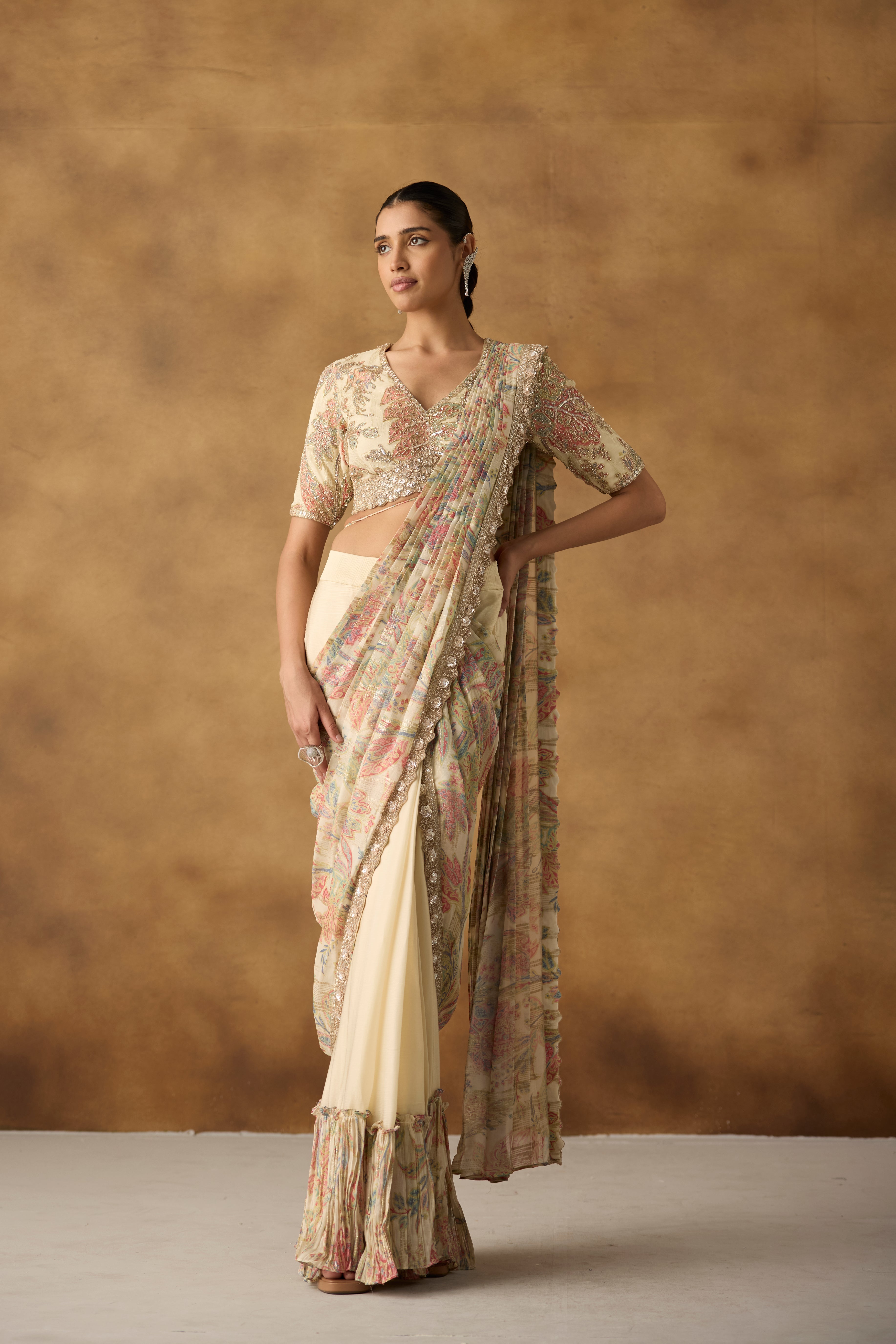 Multi Cream Embellished Crepe Silk Draped Saree