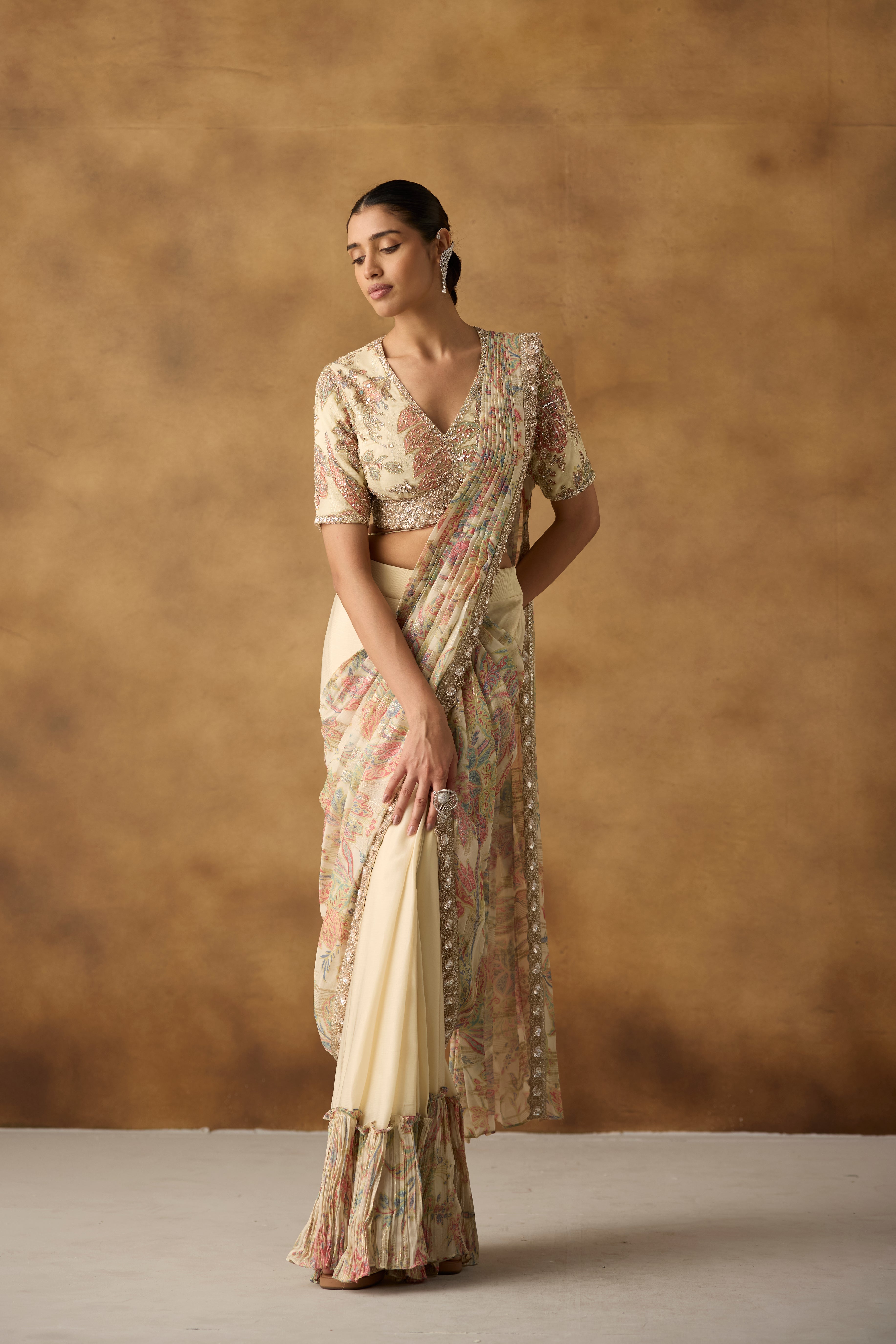 Multi Cream Embellished Crepe Silk Draped Saree