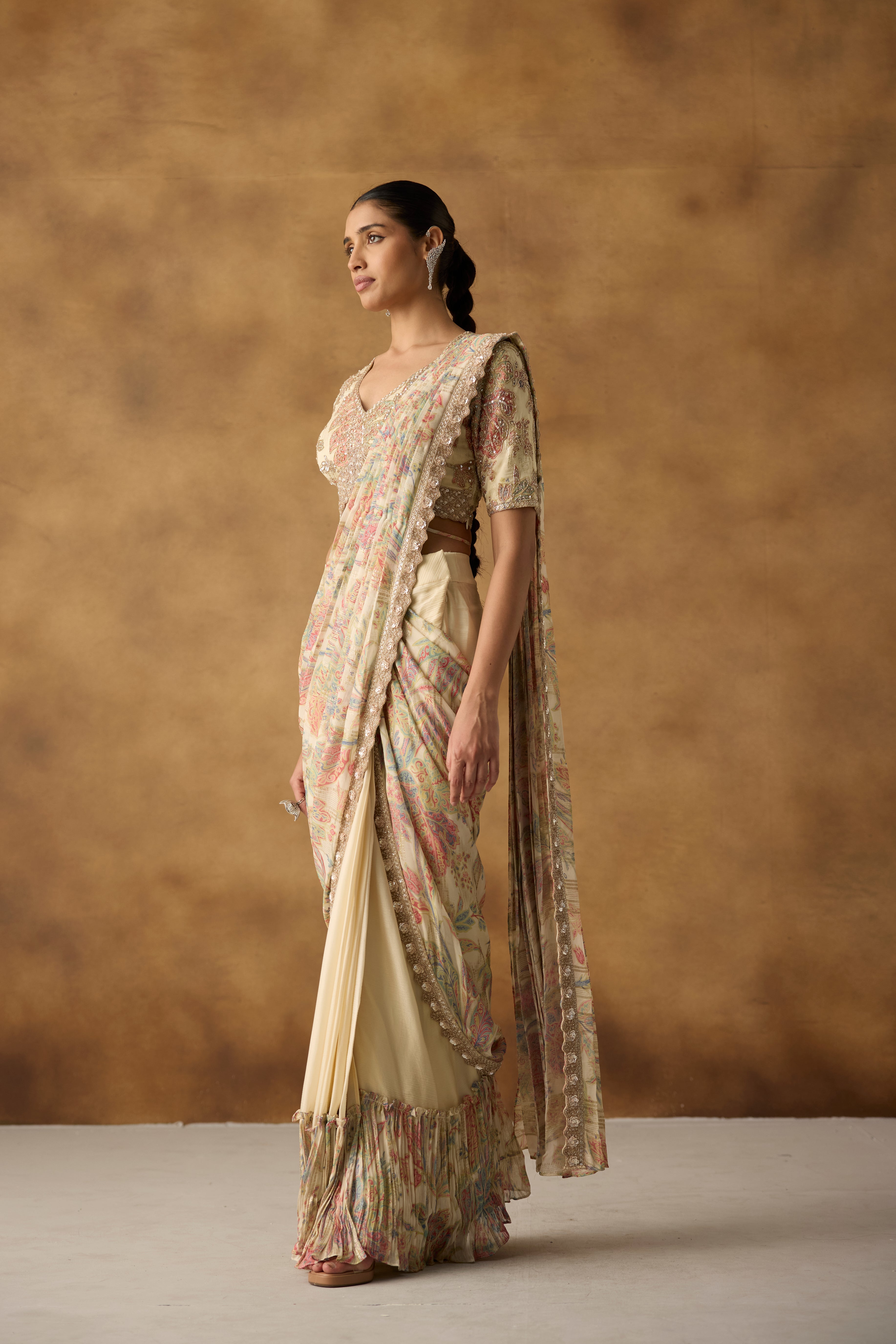 Multi Cream Embellished Crepe Silk Draped Saree
