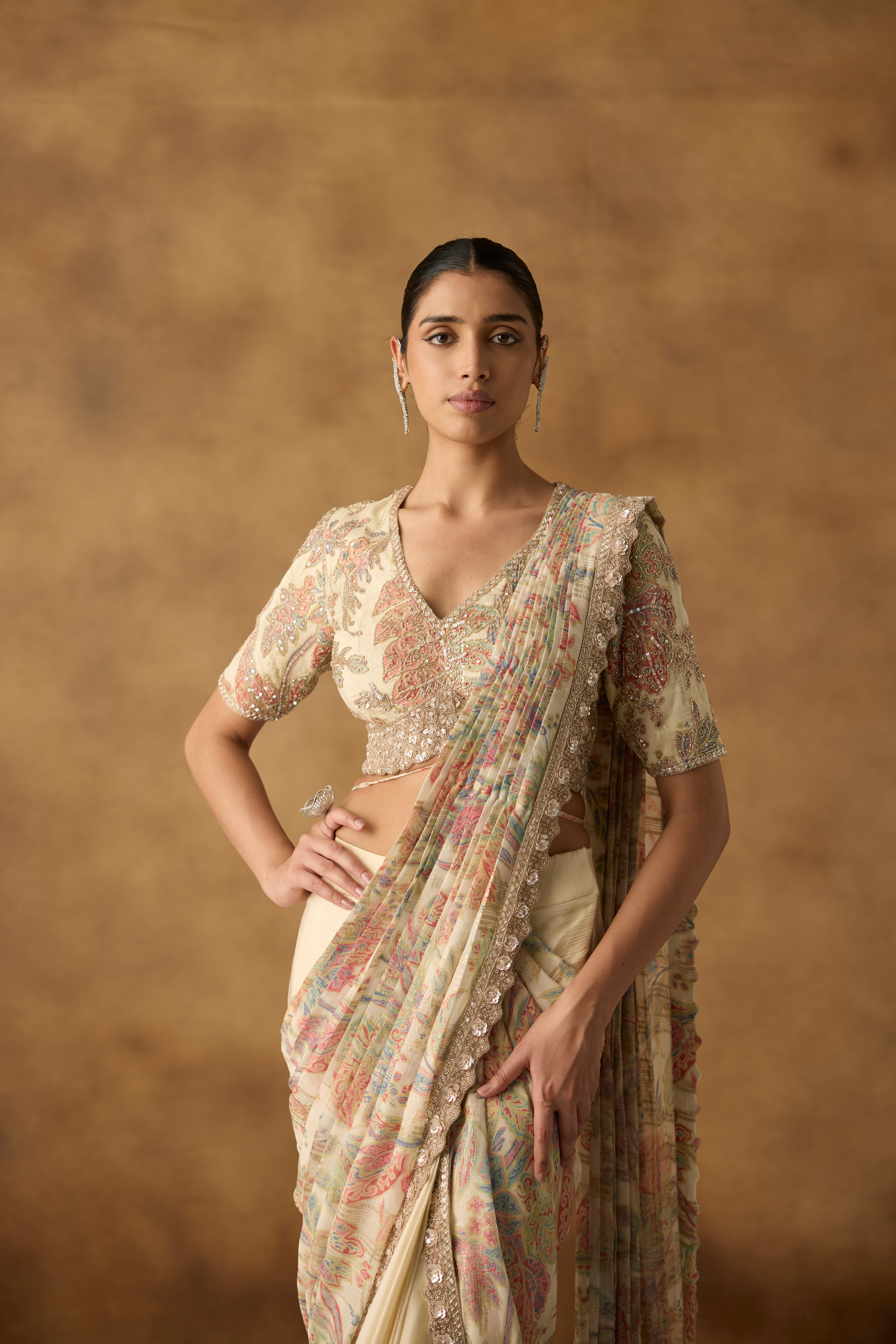 Multi Cream Embellished Crepe Silk Draped Saree