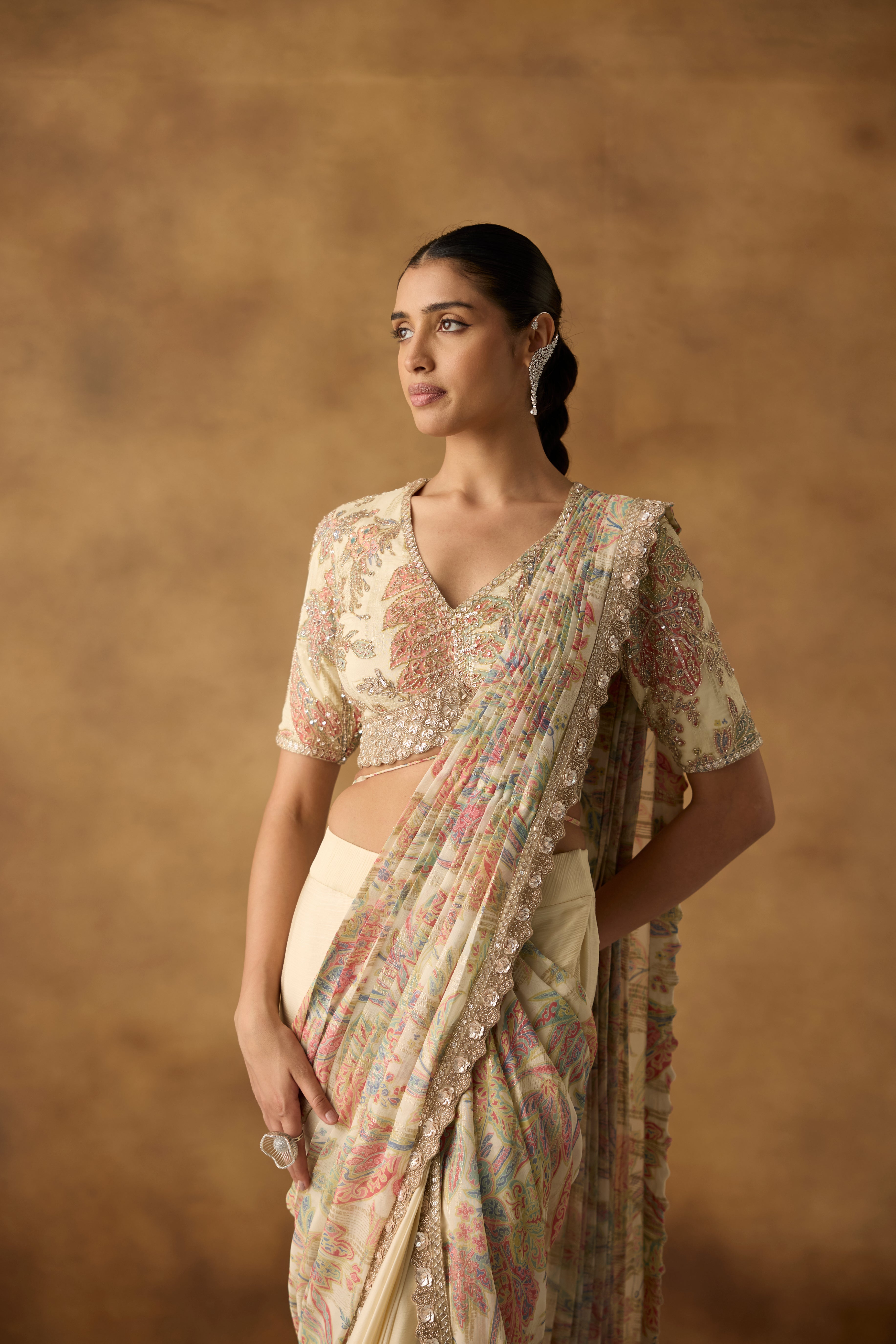 Multi Cream Embellished Crepe Silk Draped Saree