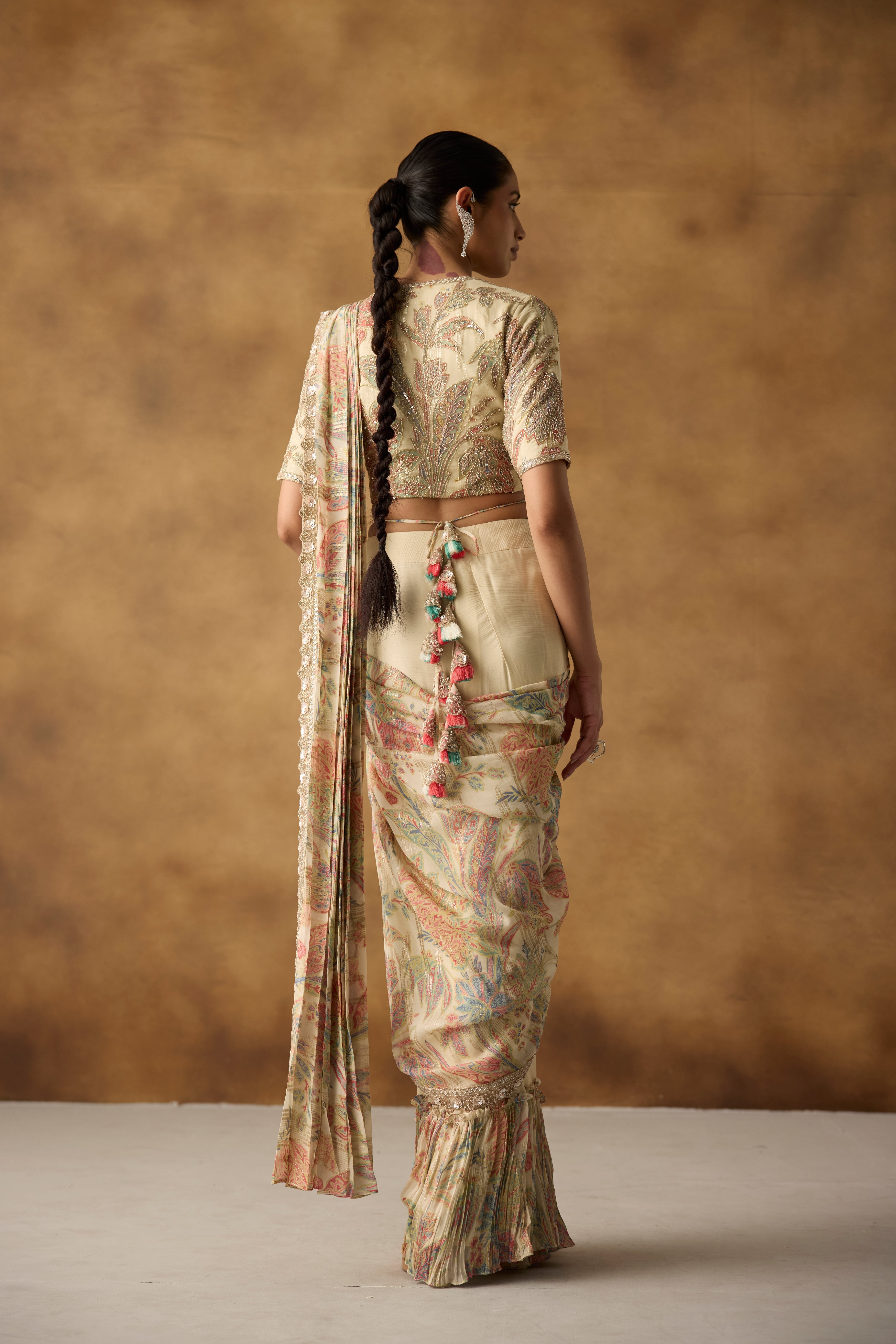 Multi Cream Embellished Crepe Silk Draped Saree