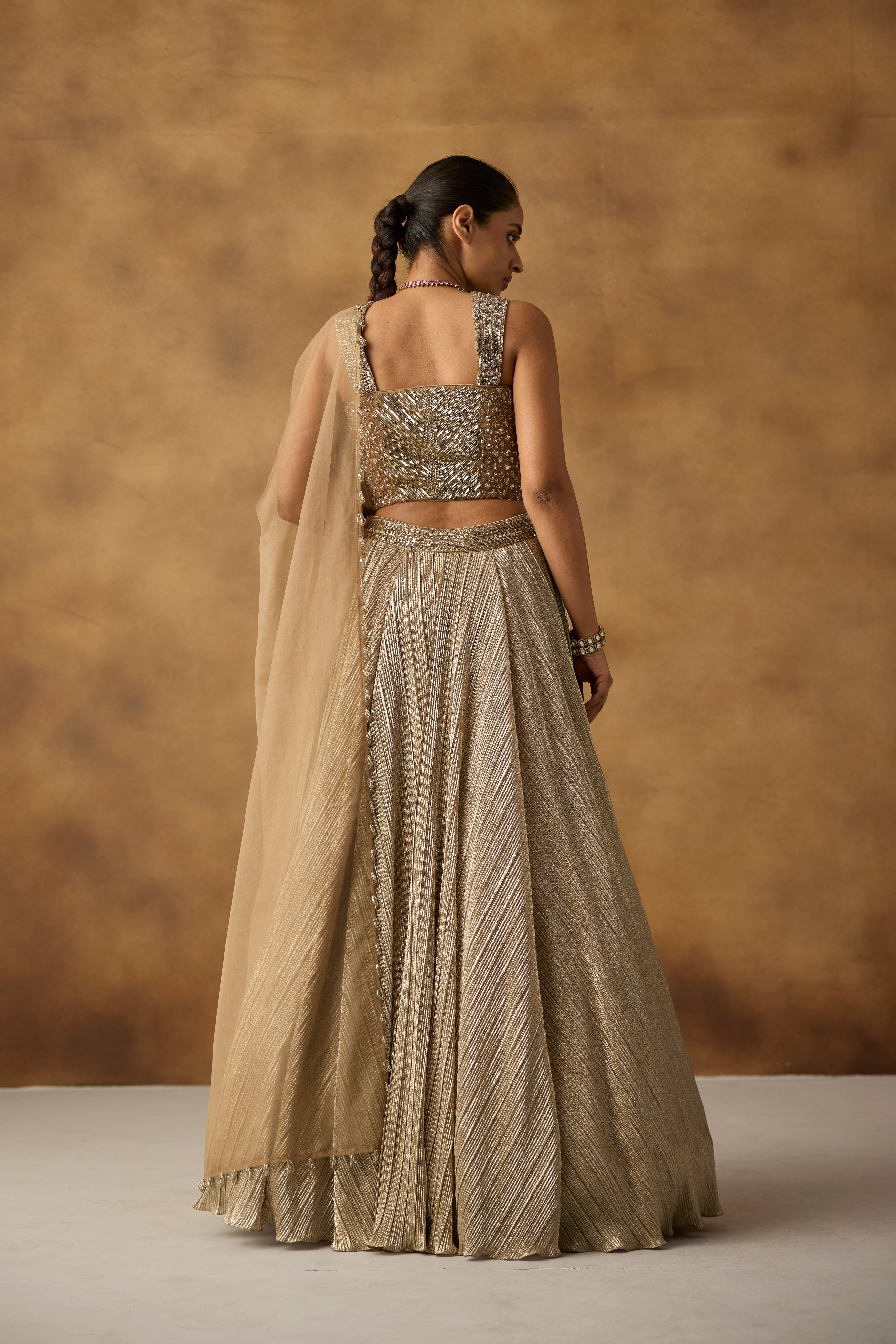 Metallic Gold Embellished Chanderi Silk Lehenga Set