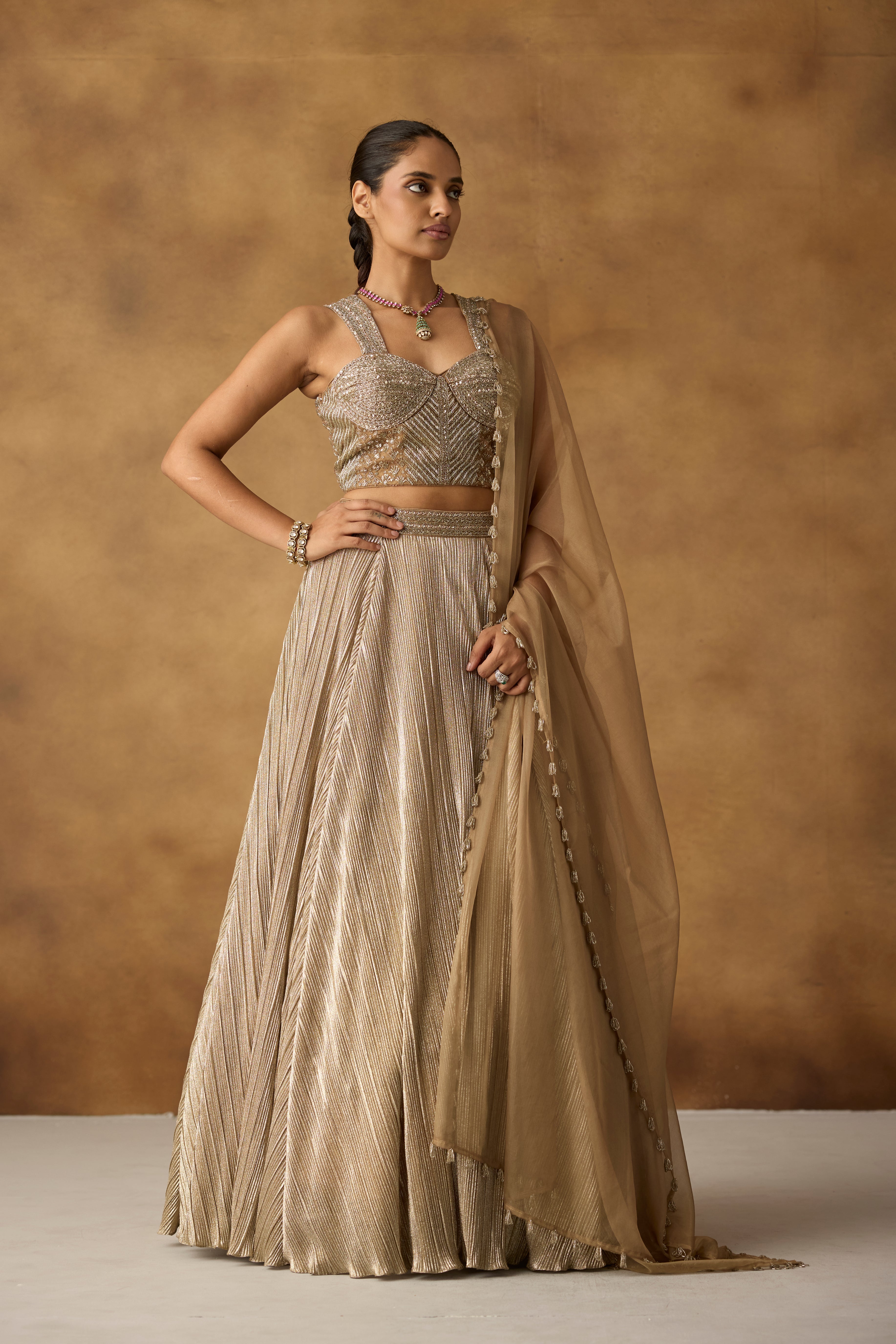 Metallic Gold Embellished Chanderi Silk Lehenga Set