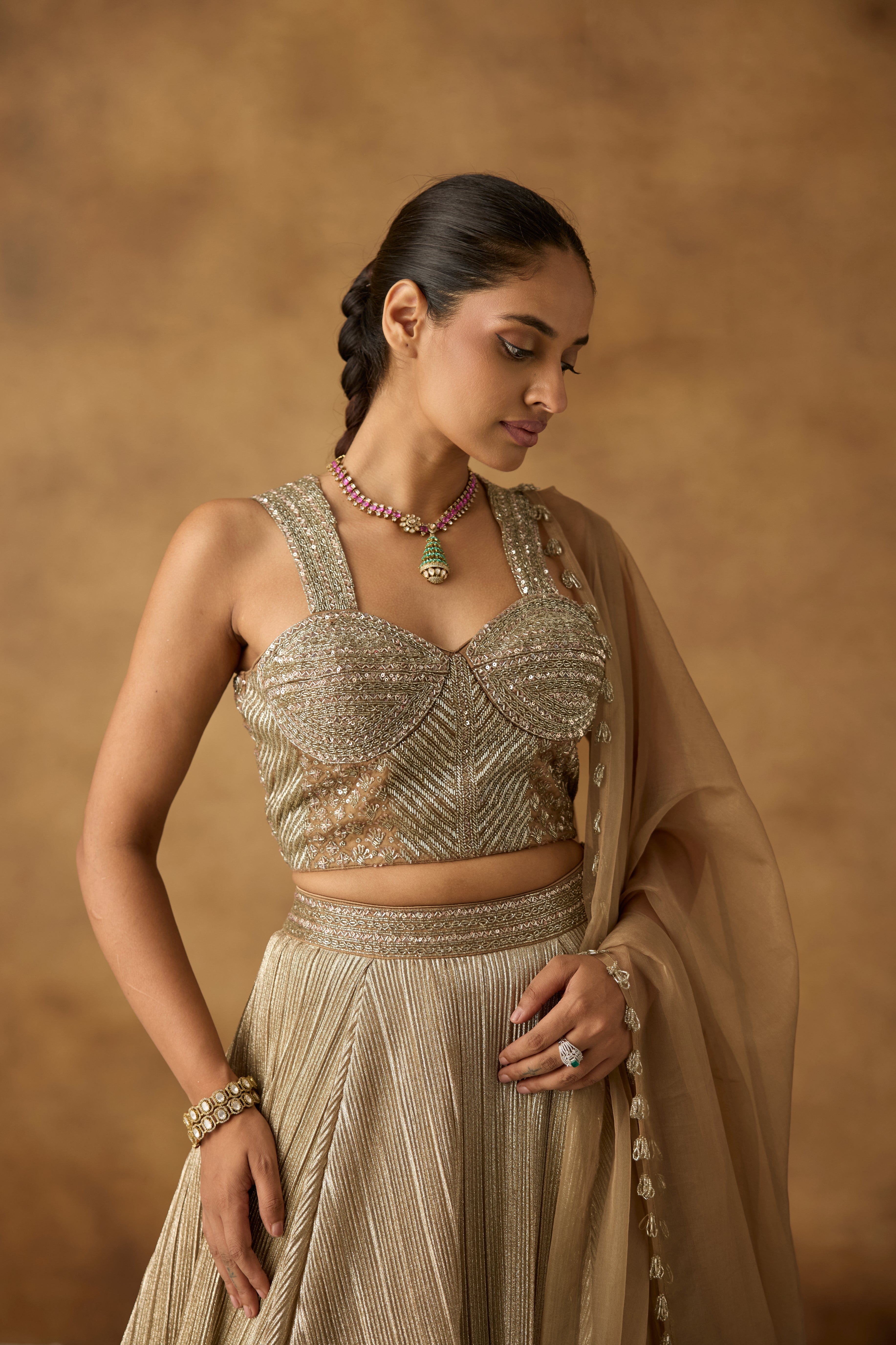 Metallic Gold Embellished Chanderi Silk Lehenga Set