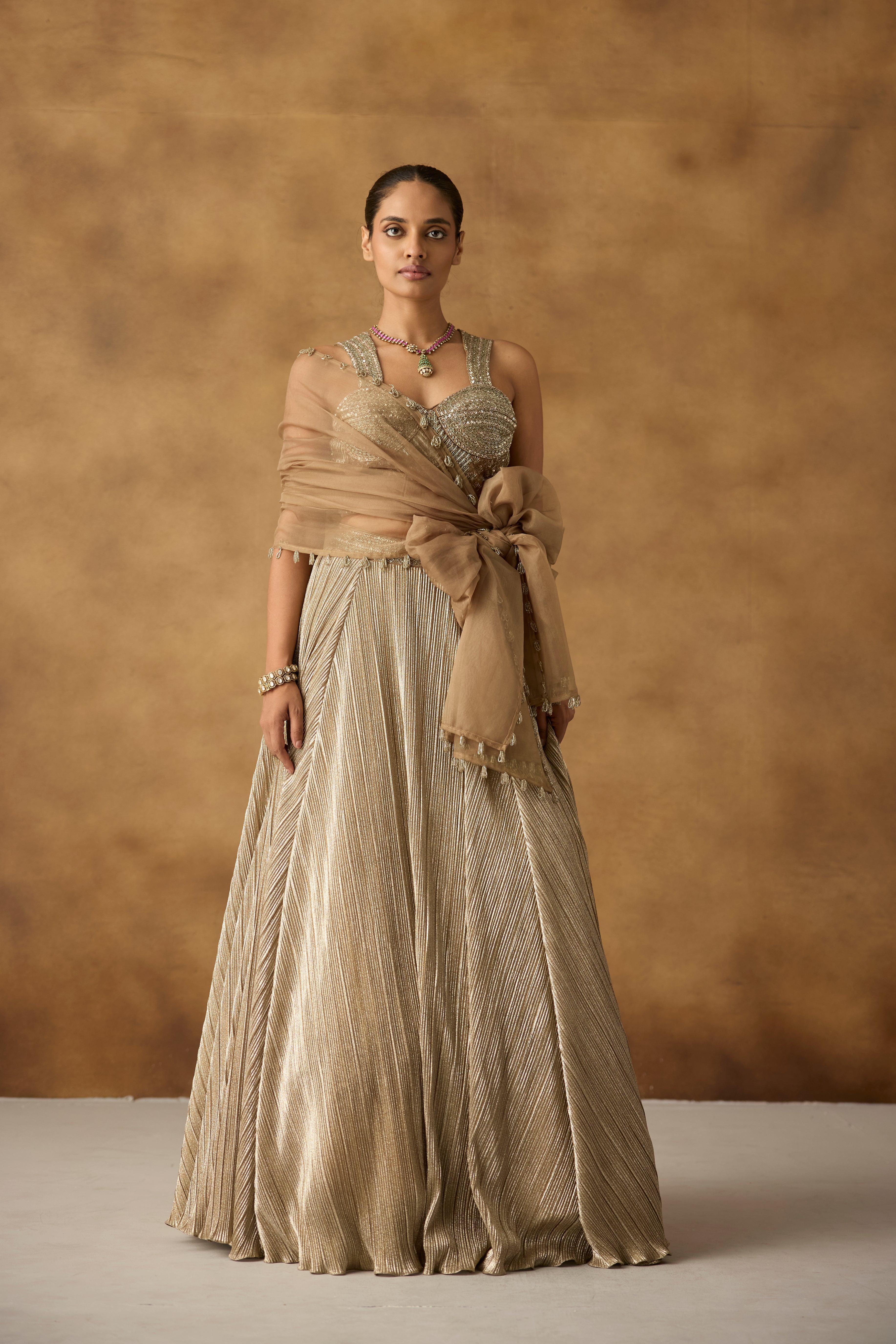 Metallic Gold Embellished Chanderi Silk Lehenga Set