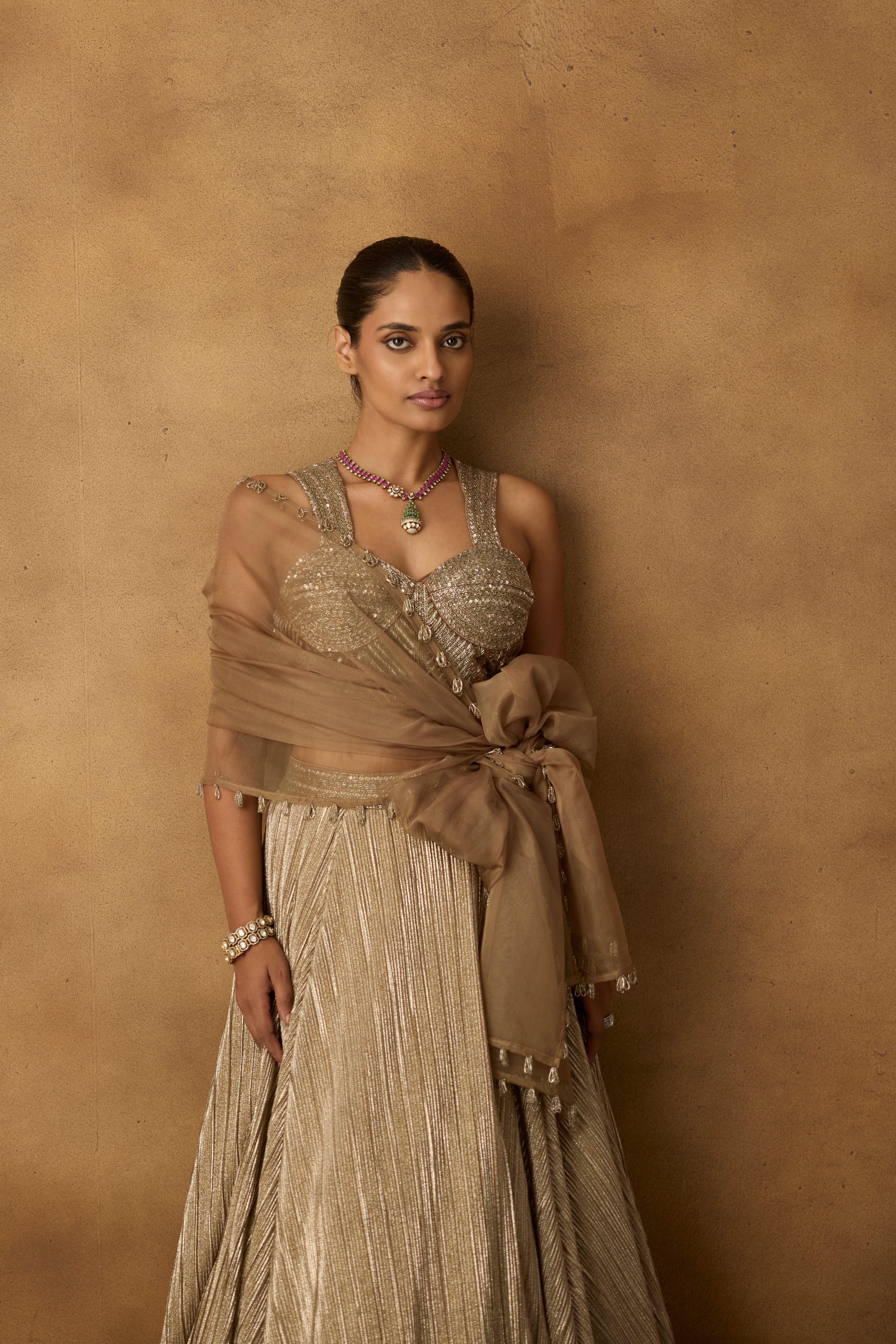 Metallic Gold Embellished Chanderi Silk Lehenga Set