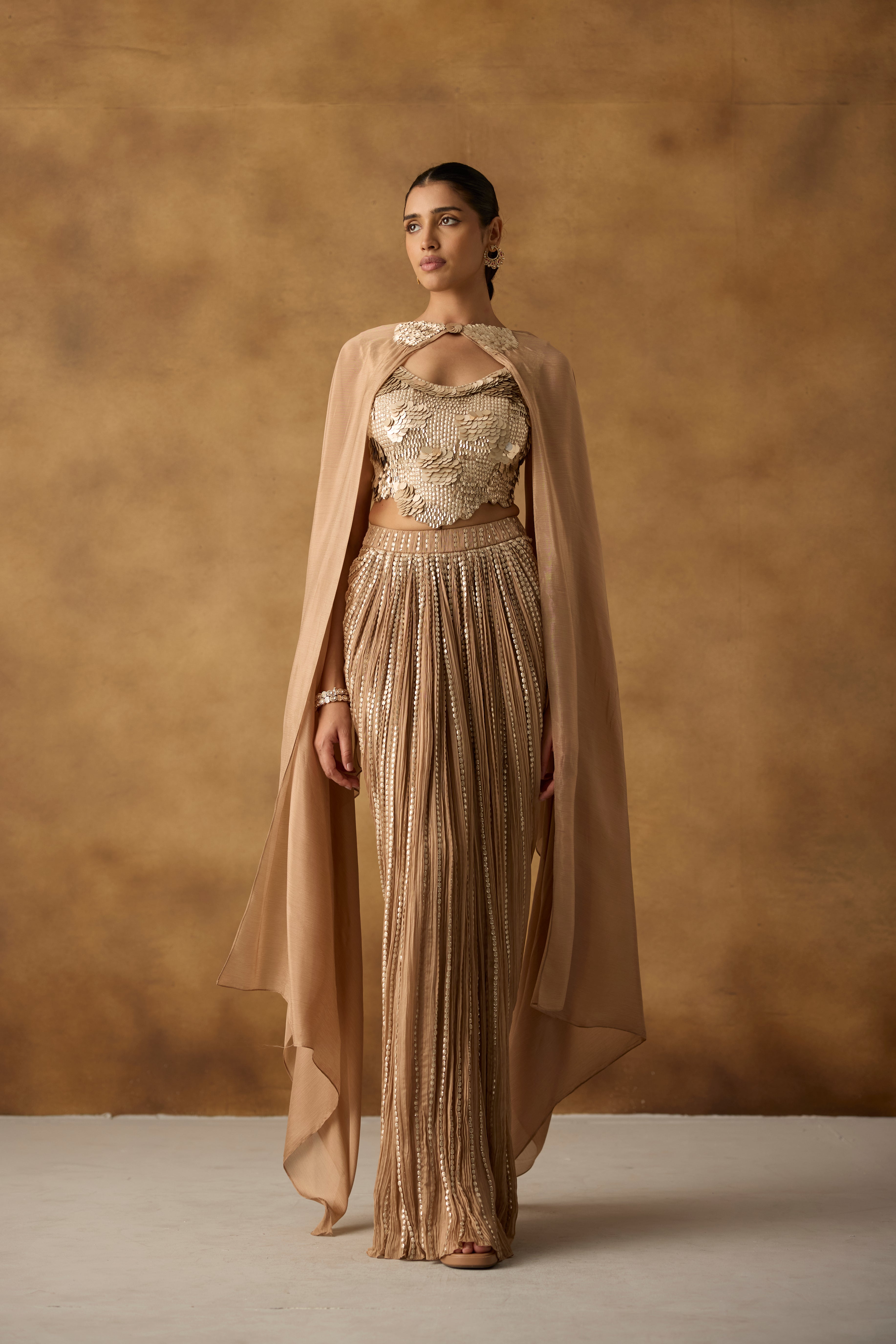 Champagne Beige Embellished Chanderi Silk Skirt Set