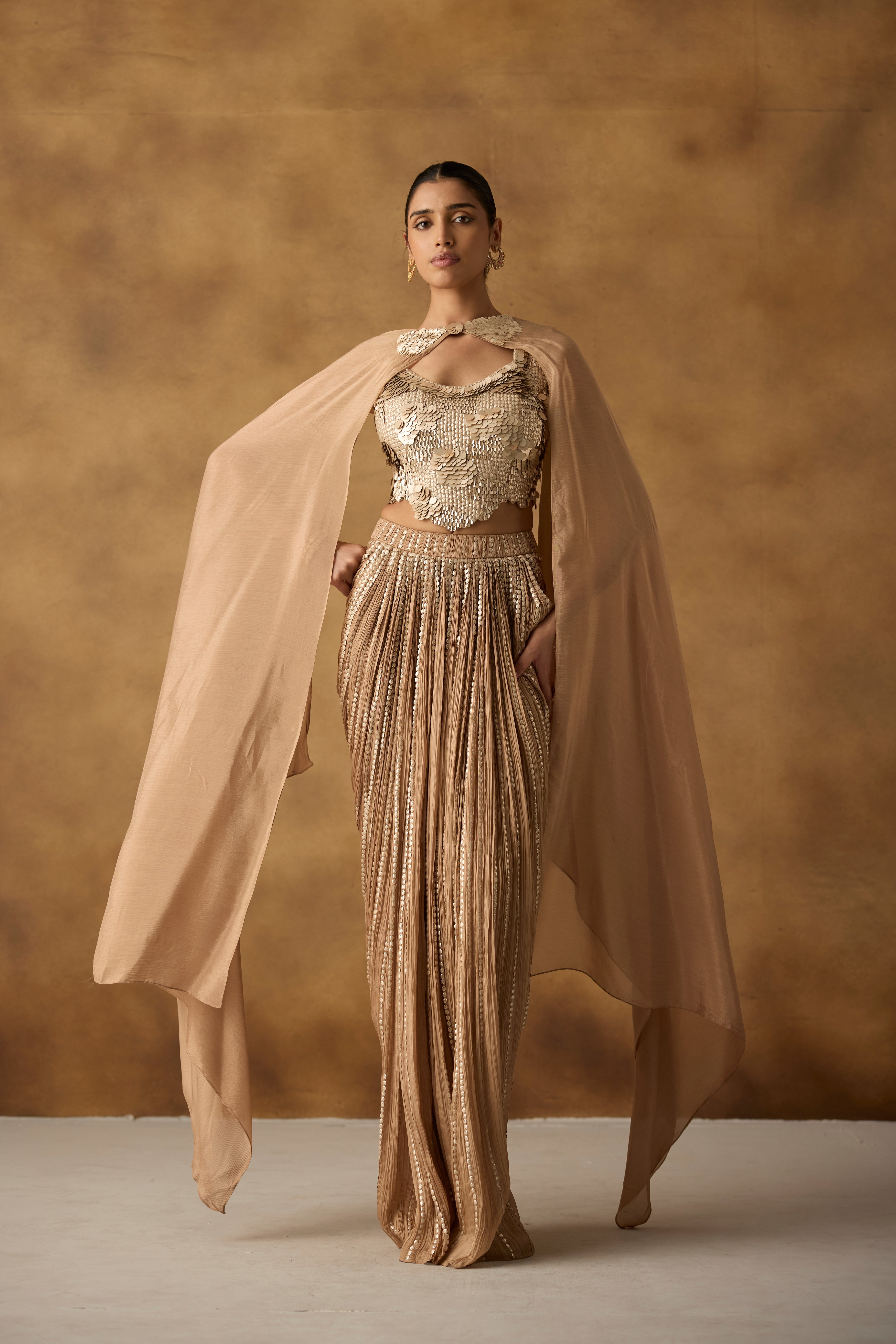 Champagne Beige Embellished Chanderi Silk Skirt Set