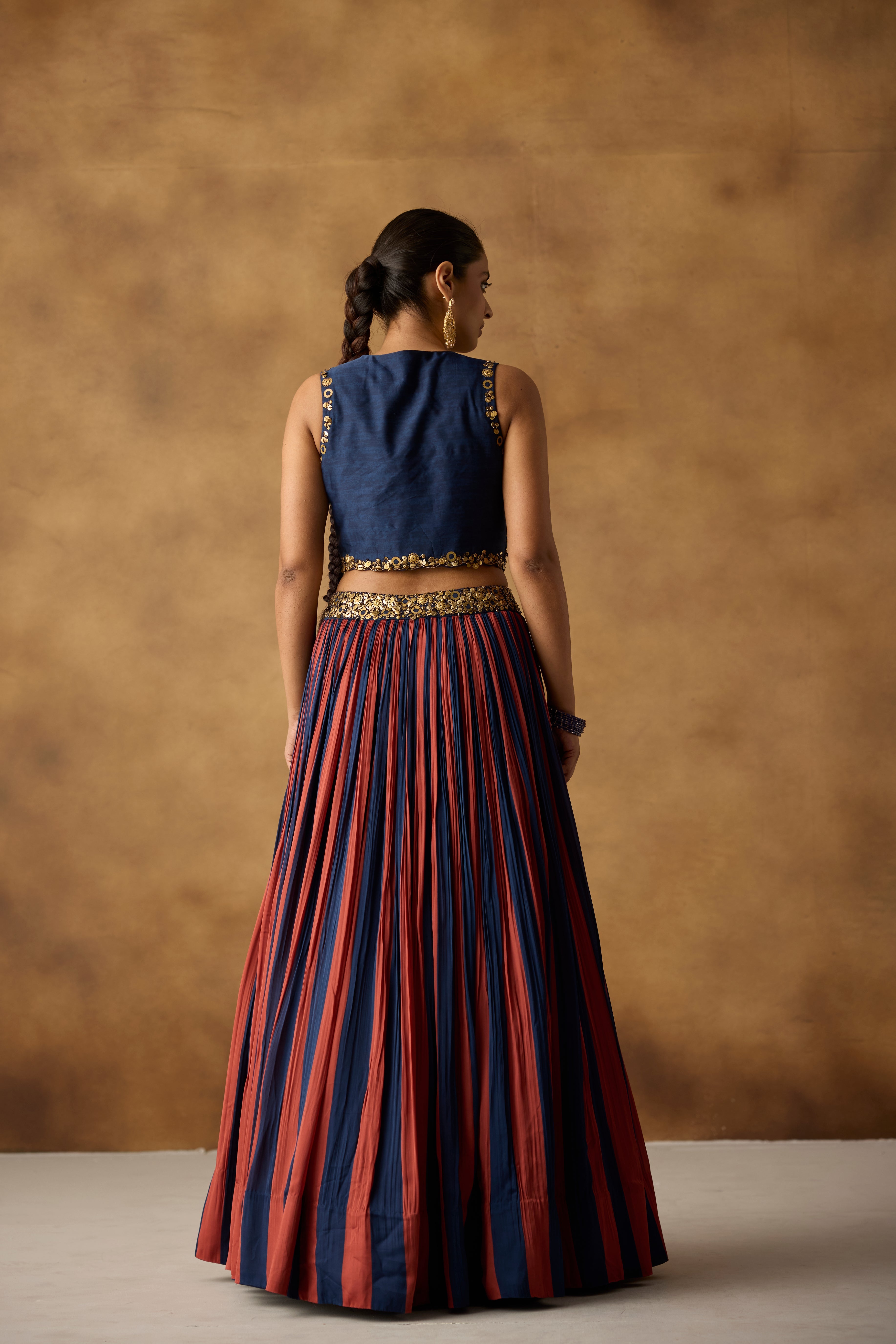 Royal Blue Embellished Satin Silk Skirt Set