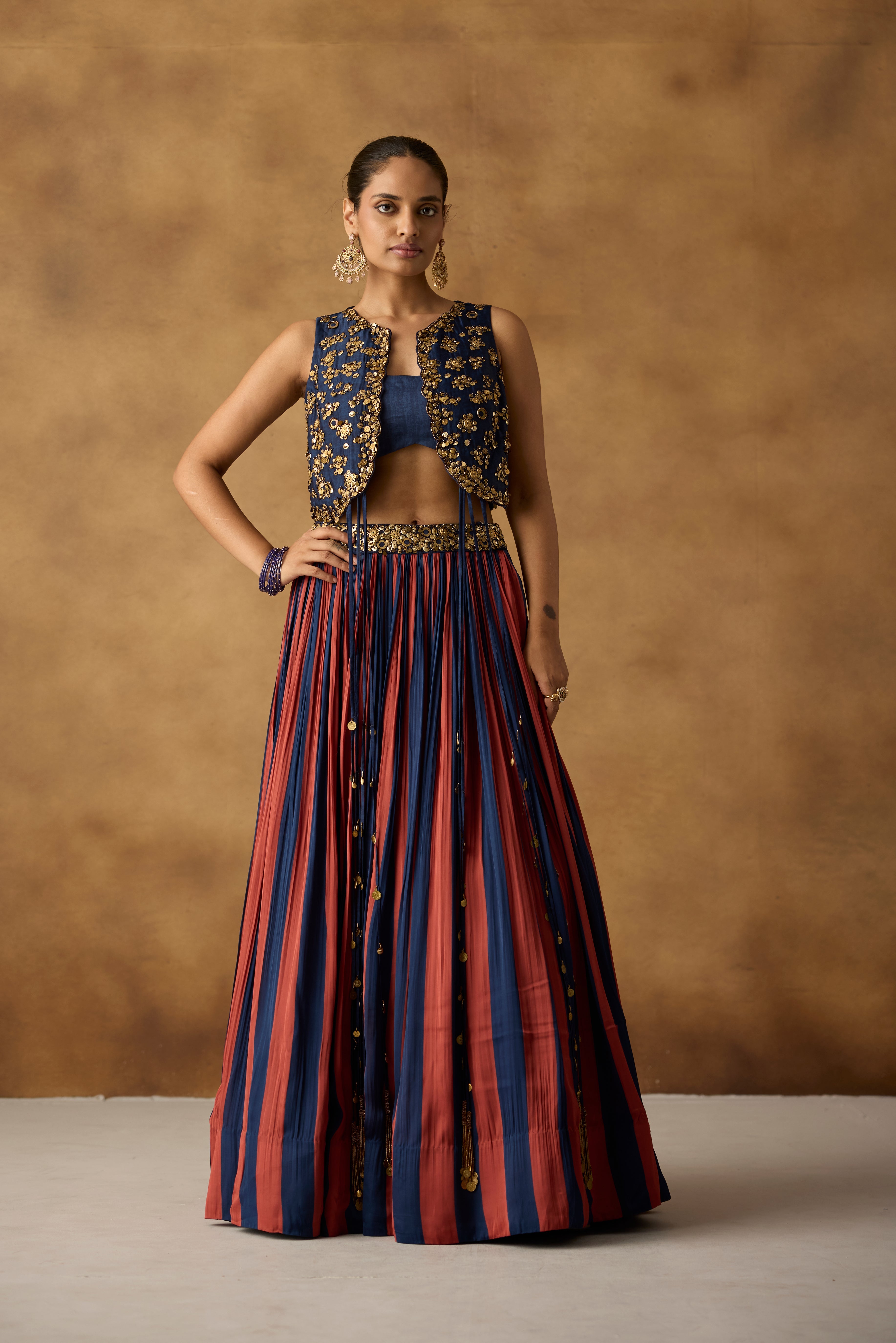 Royal Blue Embellished Satin Silk Skirt Set