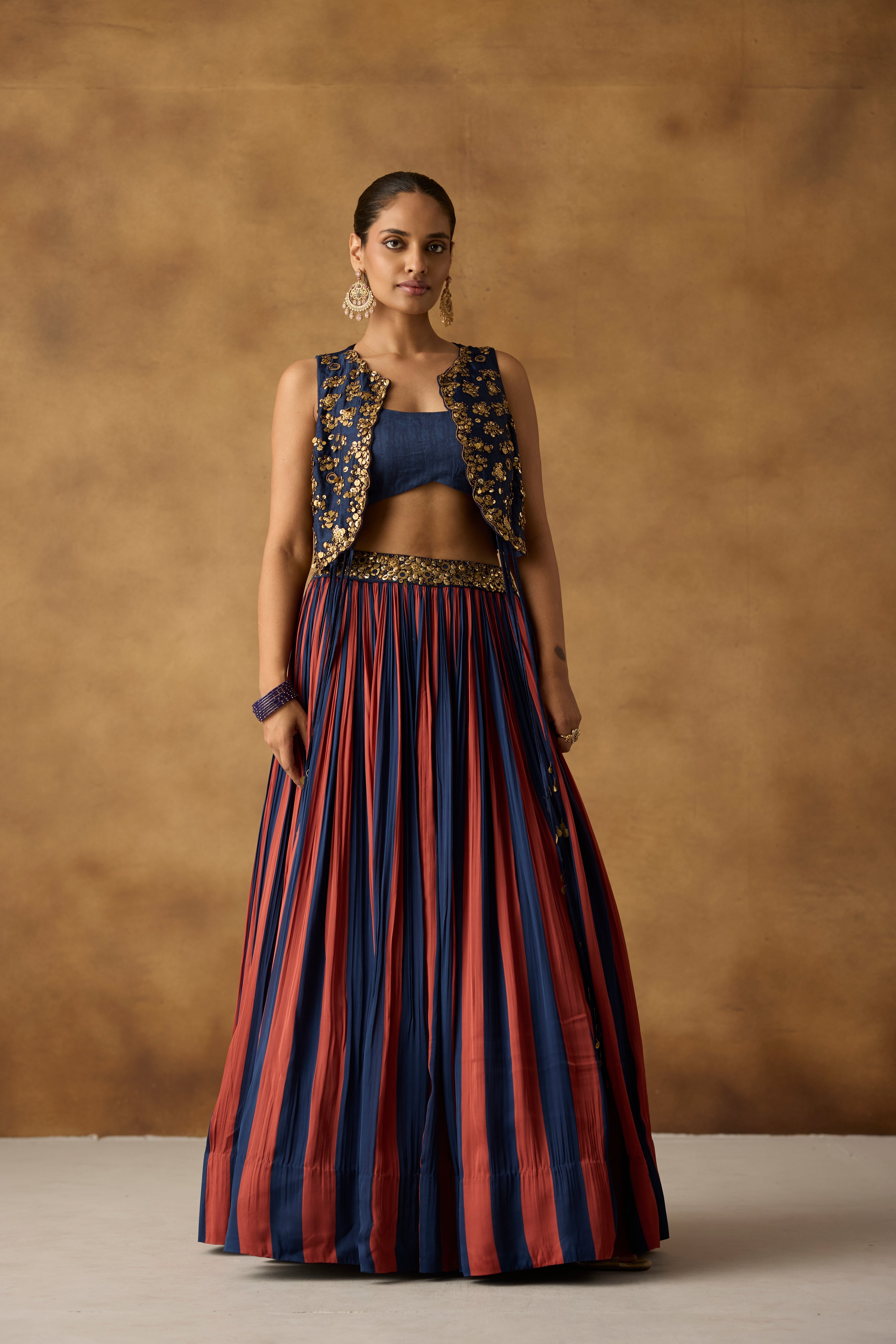 Royal Blue Embellished Satin Silk Skirt Set