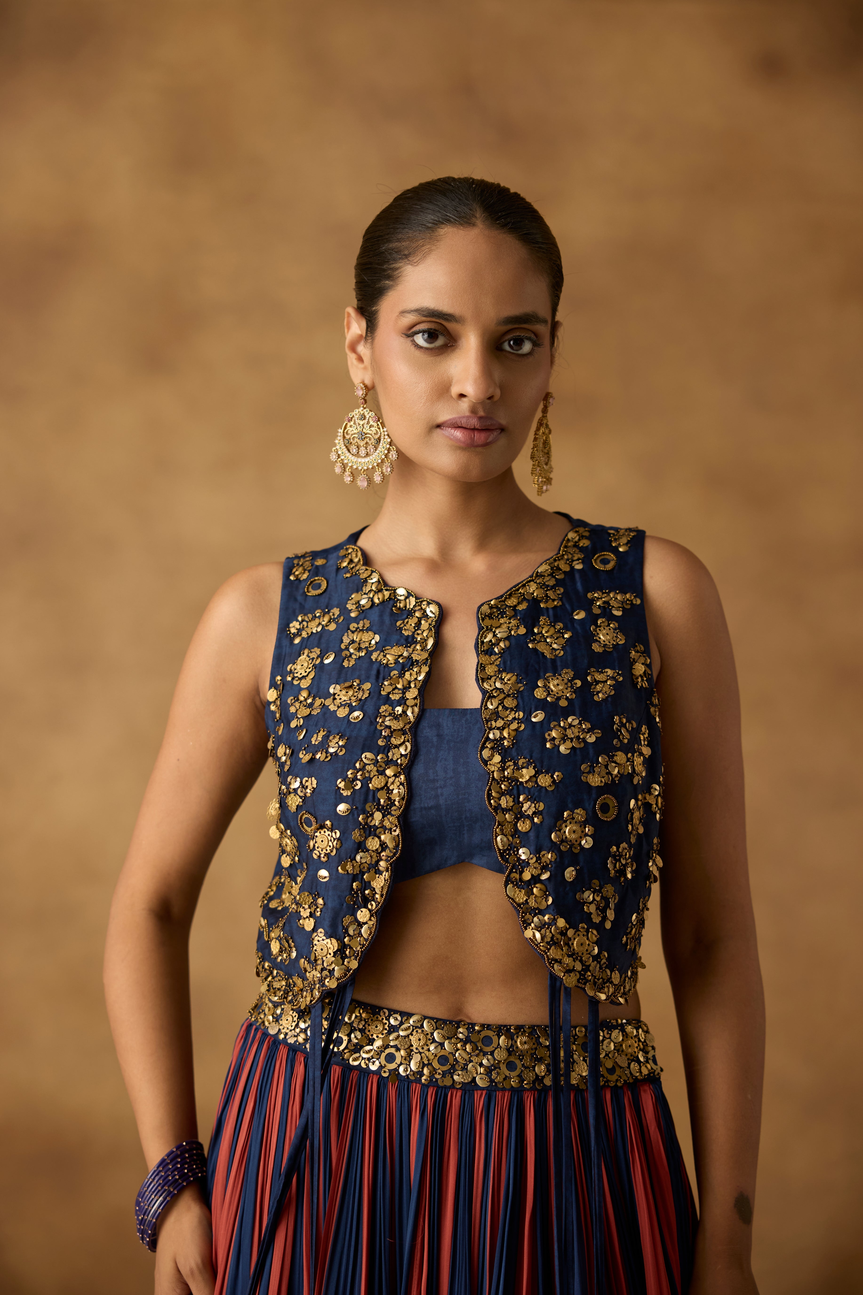 Royal Blue Embellished Satin Silk Skirt Set