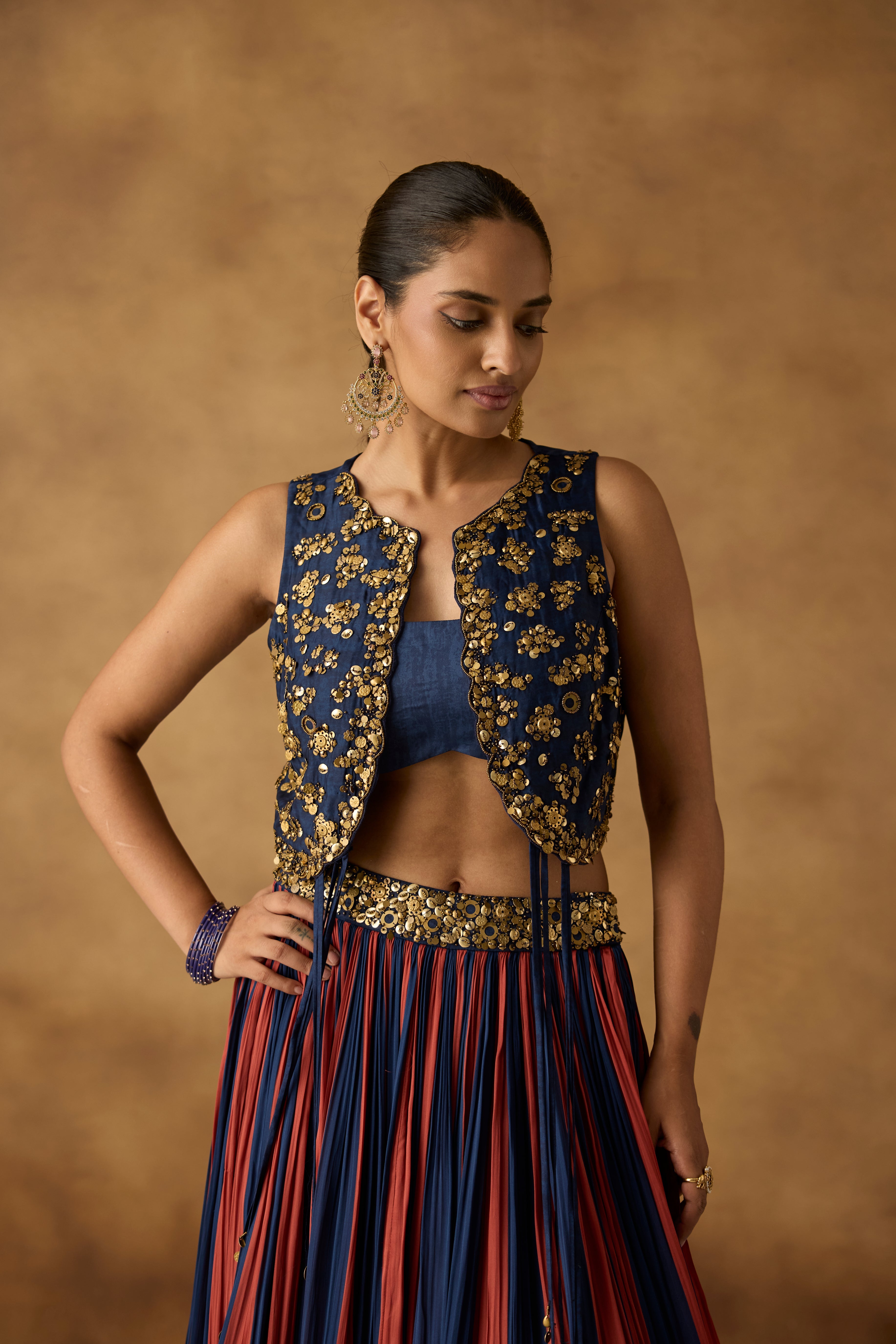 Royal Blue Embellished Satin Silk Skirt Set