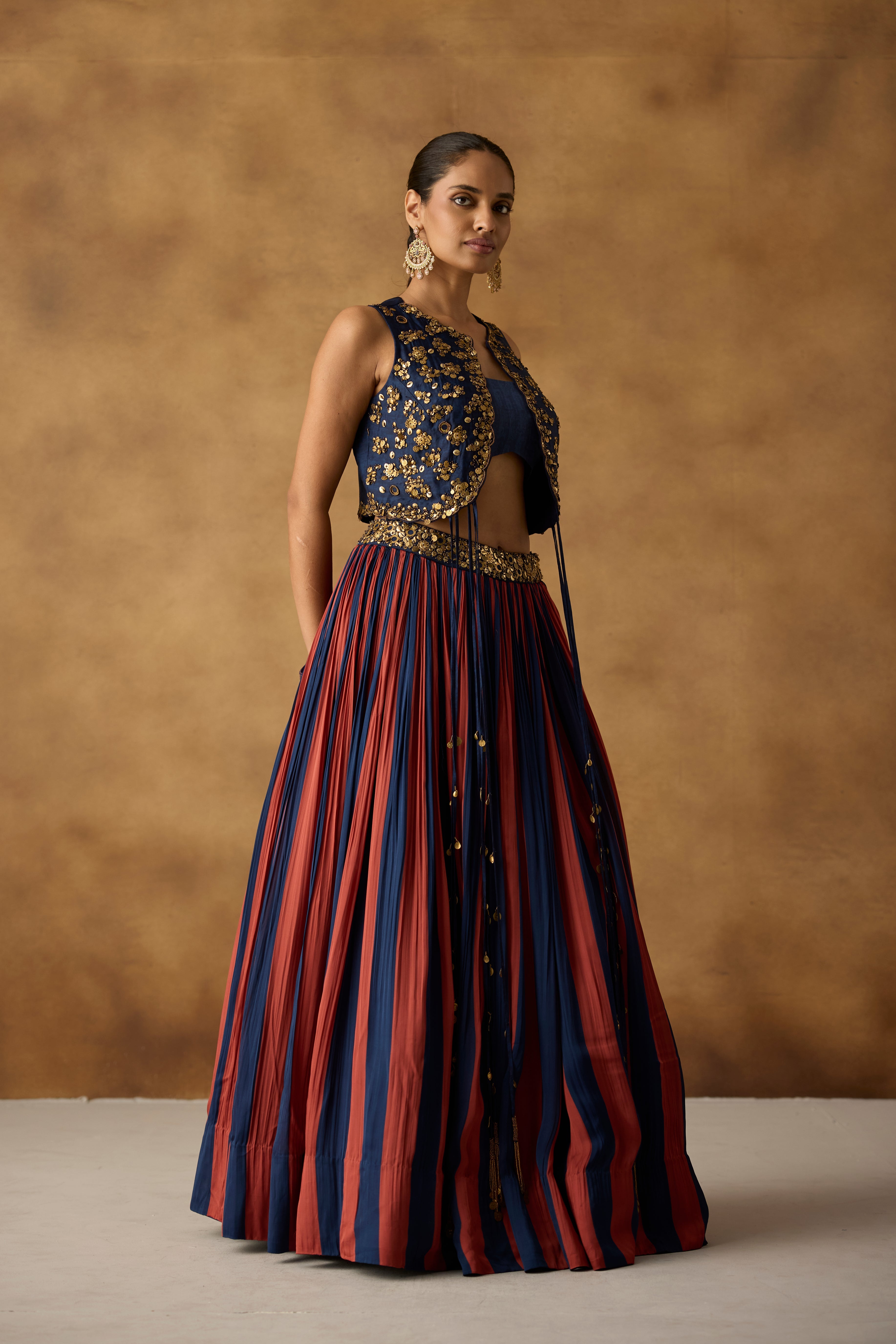 Royal Blue Embellished Satin Silk Skirt Set