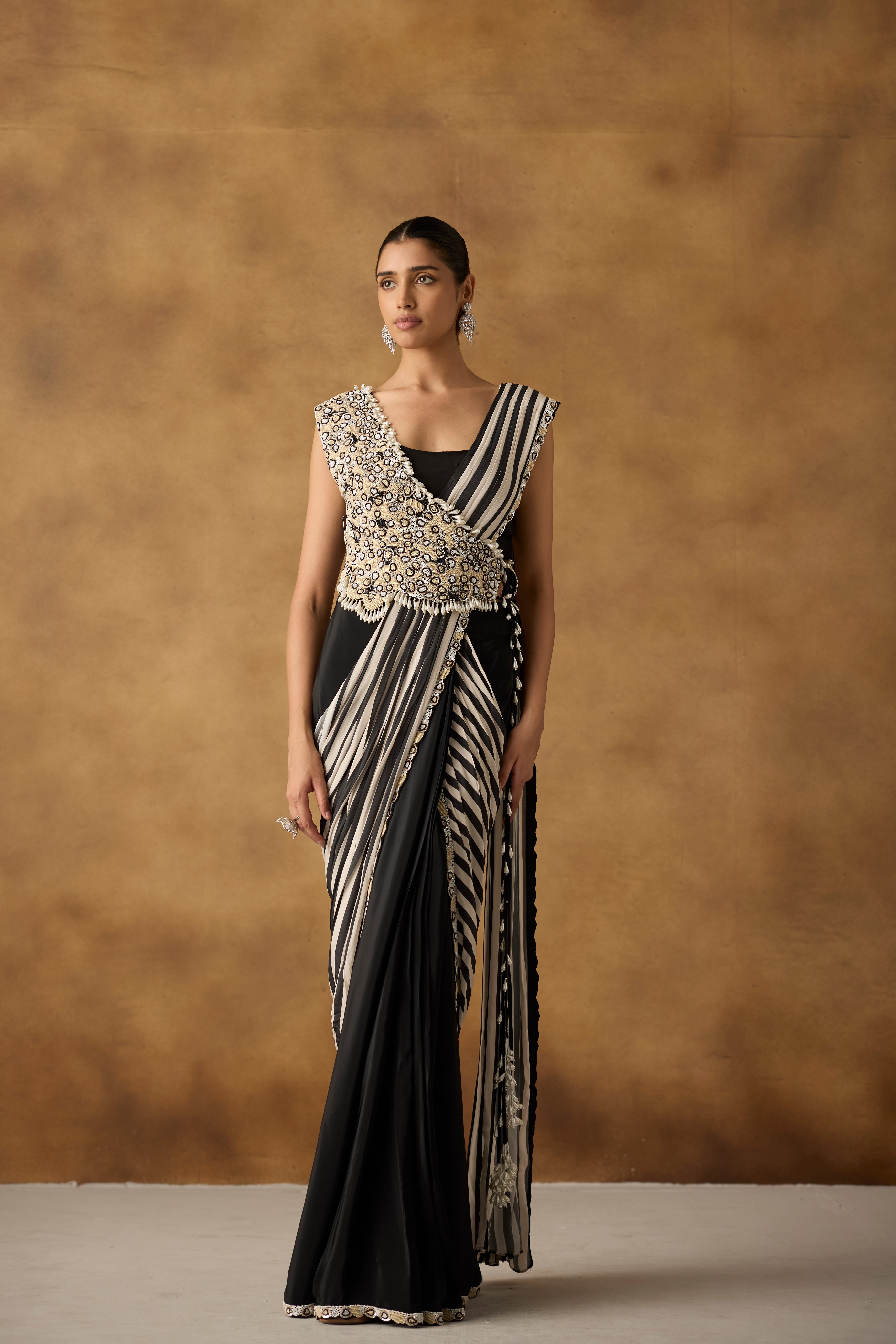 Raven Black Embellished Satin Silk Drape Skirt Saree