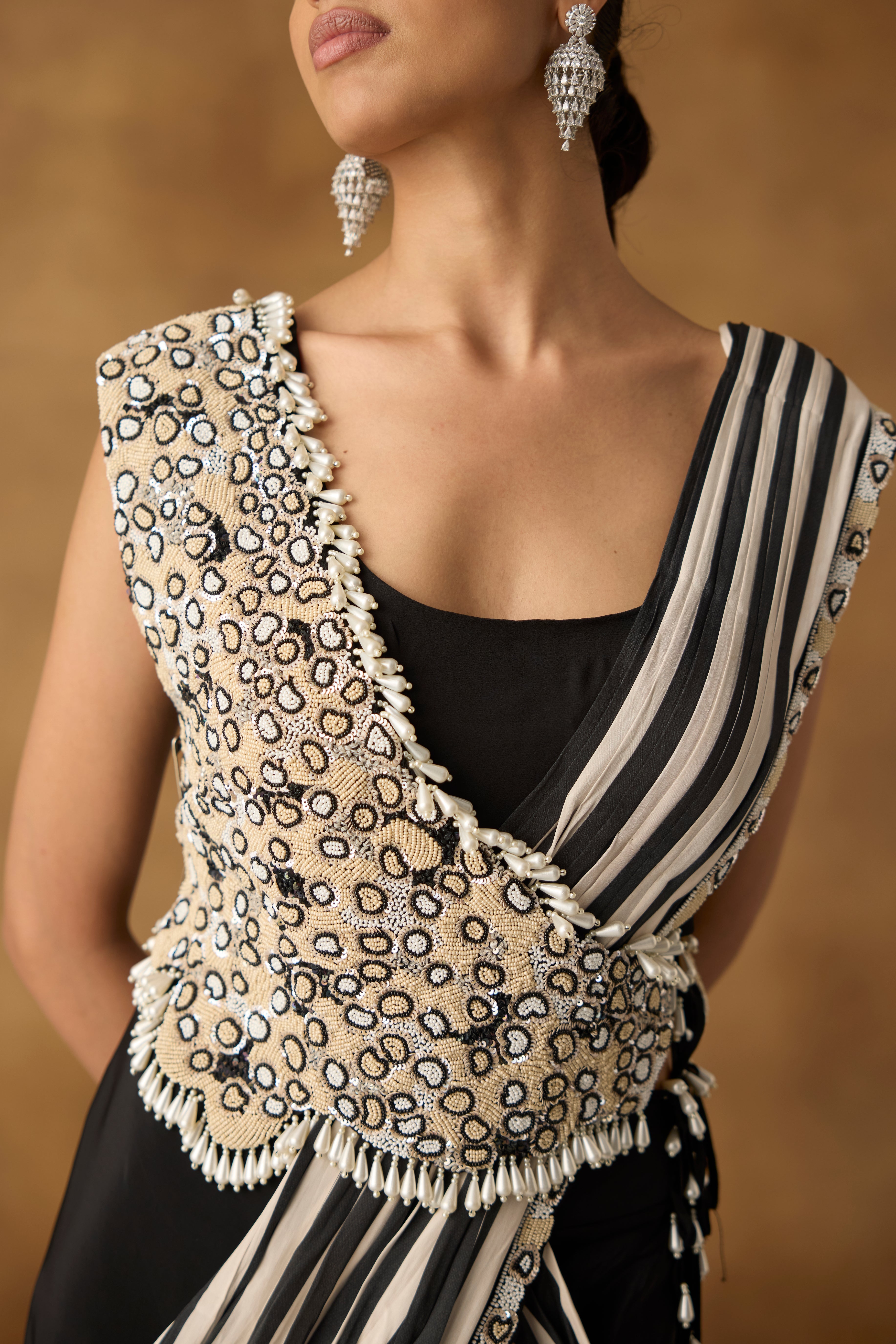 Raven Black Embellished Satin Silk Drape Skirt Saree