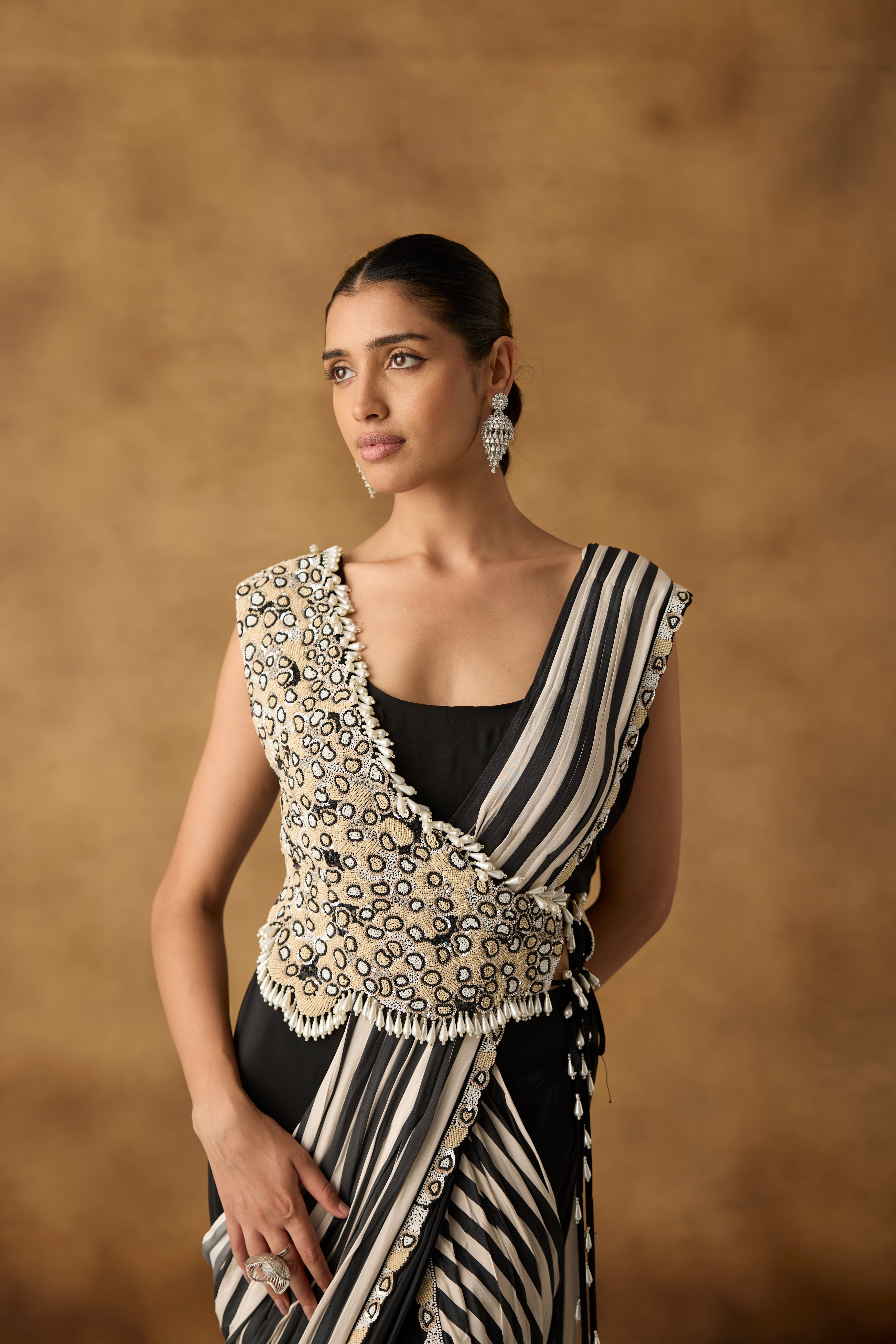 Raven Black Embellished Satin Silk Drape Skirt Saree