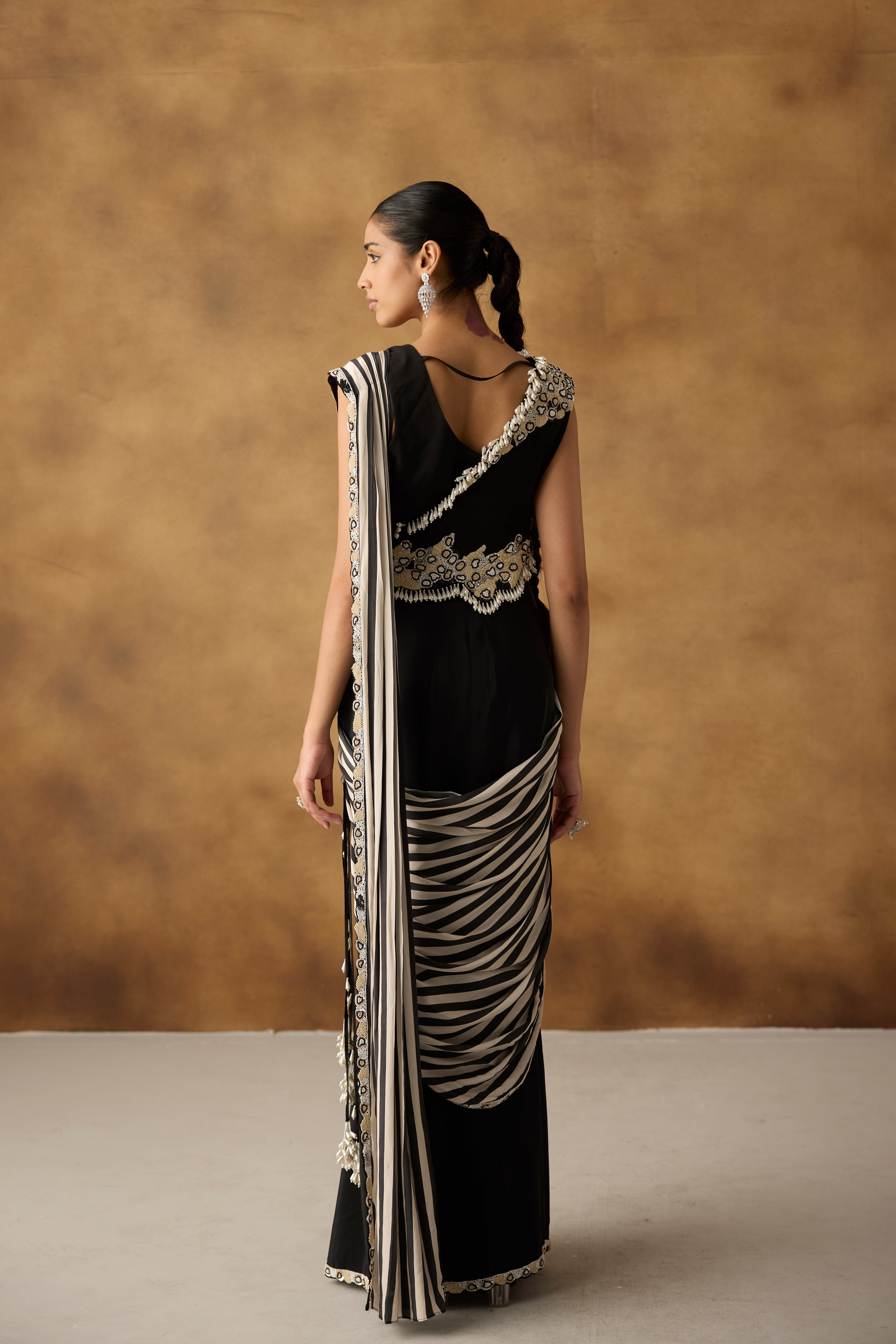 Raven Black Embellished Satin Silk Drape Skirt Saree