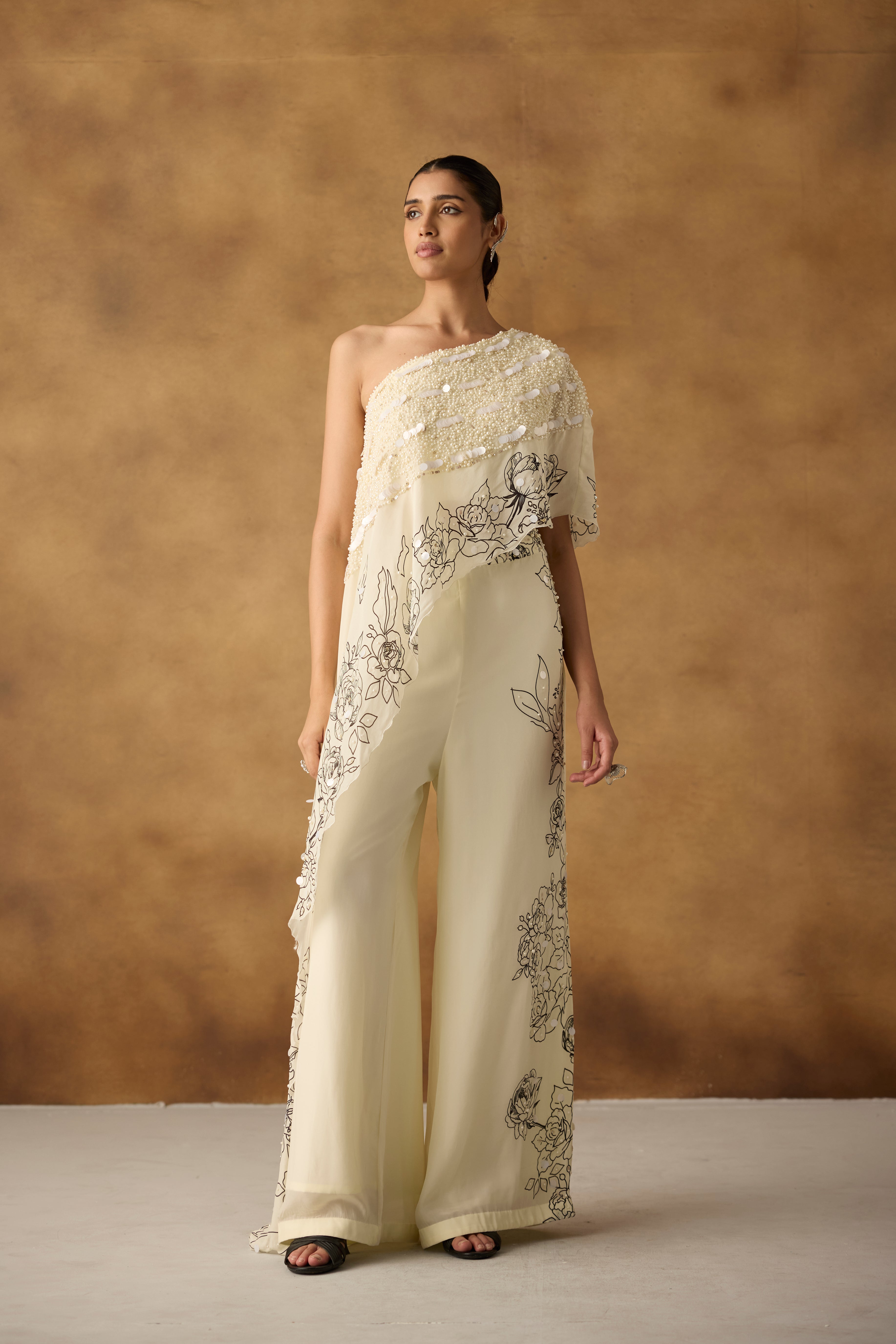 Chic White Embellished One-Shoulder Palazzo Set